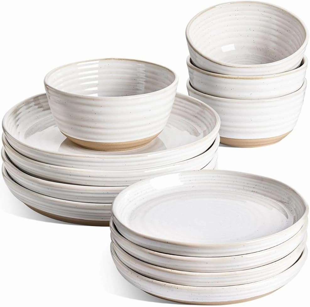 LE TAUCI Dinnerware Sets 12 PCS, Ceramic Plates and Bowls Set, For Housewarming (28 oz Cereal Bowl  8" Salad Dish 10" Dinner Plate) x 4, Oven safe, Arctic White