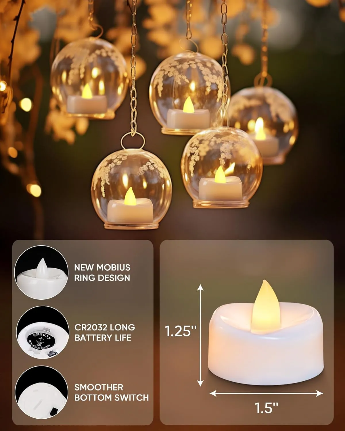 LED Tea Lights, 24-Pack Battery Operated, Long-Lasting 200 Hour Flameless Candles, Flickering for Halloween & Fall, Warm Yellow, 1.5'' D x 1.25'' H