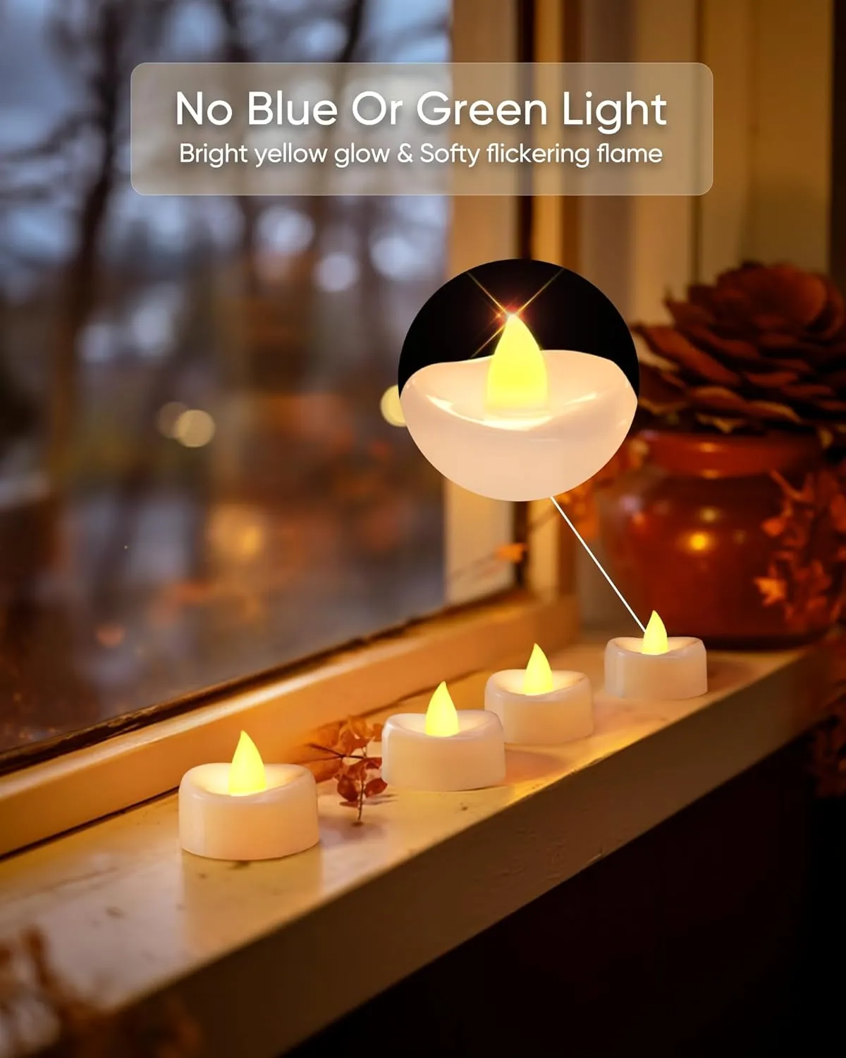 LED Tea Lights, 24-Pack Battery Operated, Long-Lasting 200 Hour Flameless Candles, Flickering for Halloween & Fall, Warm Yellow, 1.5'' D x 1.25'' H