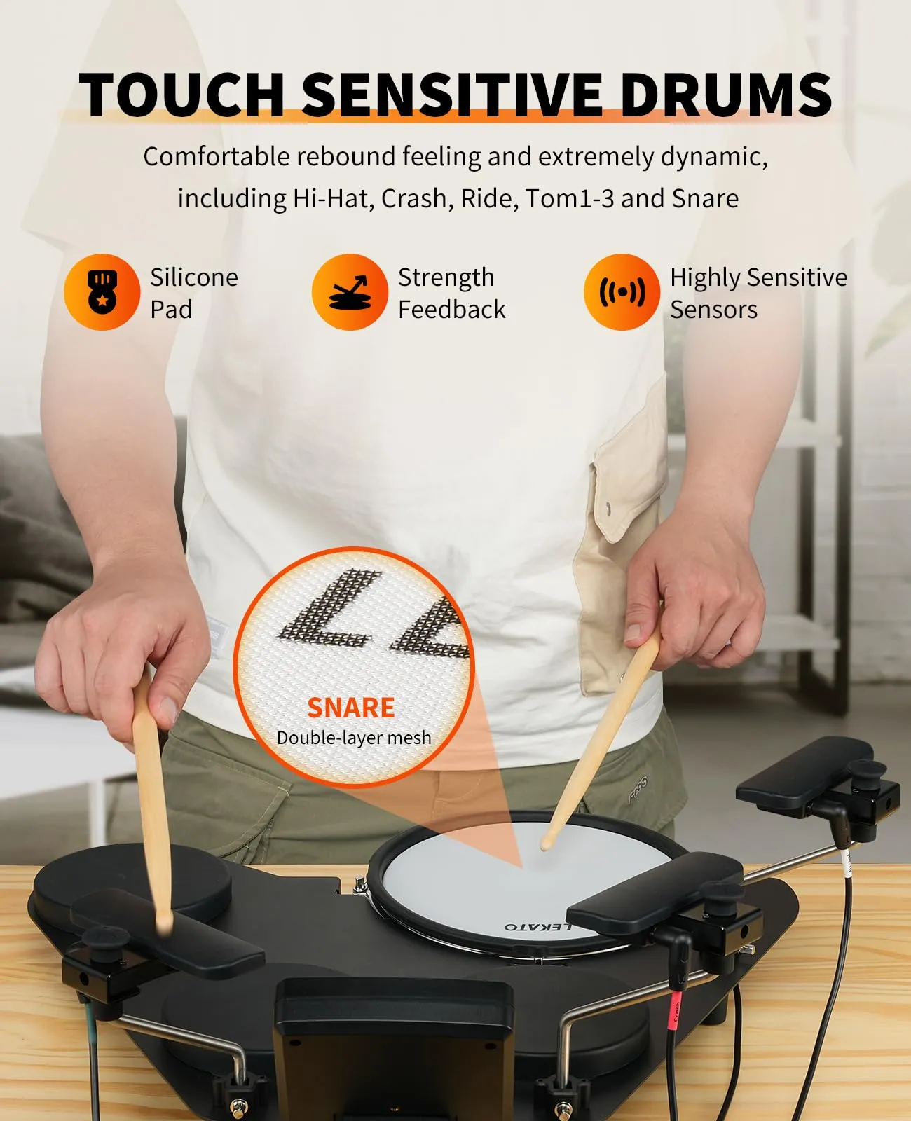 LEKATO Electronic Drum Set, Portable Electric Drum Set for Beginner with Quiet Mesh Snare Drum Pads, 220  Sounds, USB MIDI, 2 Switch Pedal, Electric Drum Kit with Sticks, Travel Bag