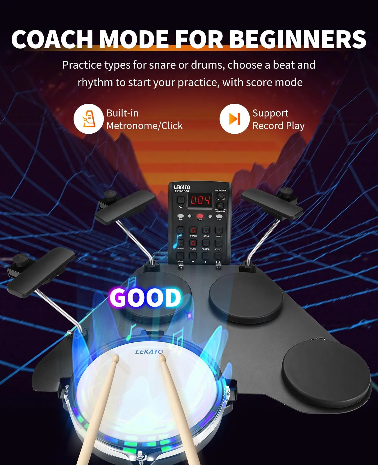 LEKATO Electronic Drum Set, Portable Electric Drum Set for Beginner with Quiet Mesh Snare Drum Pads, 220  Sounds, USB MIDI, 2 Switch Pedal, Electric Drum Kit with Sticks, Travel Bag