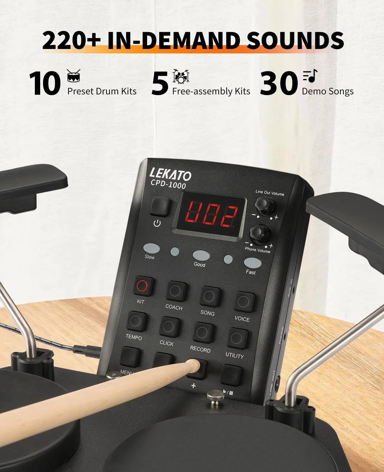 LEKATO Electronic Drum Set, Portable Electric Drum Set for Beginner with Quiet Mesh Snare Drum Pads, 220  Sounds, USB MIDI, 2 Switch Pedal, Electric Drum Kit with Sticks, Travel Bag