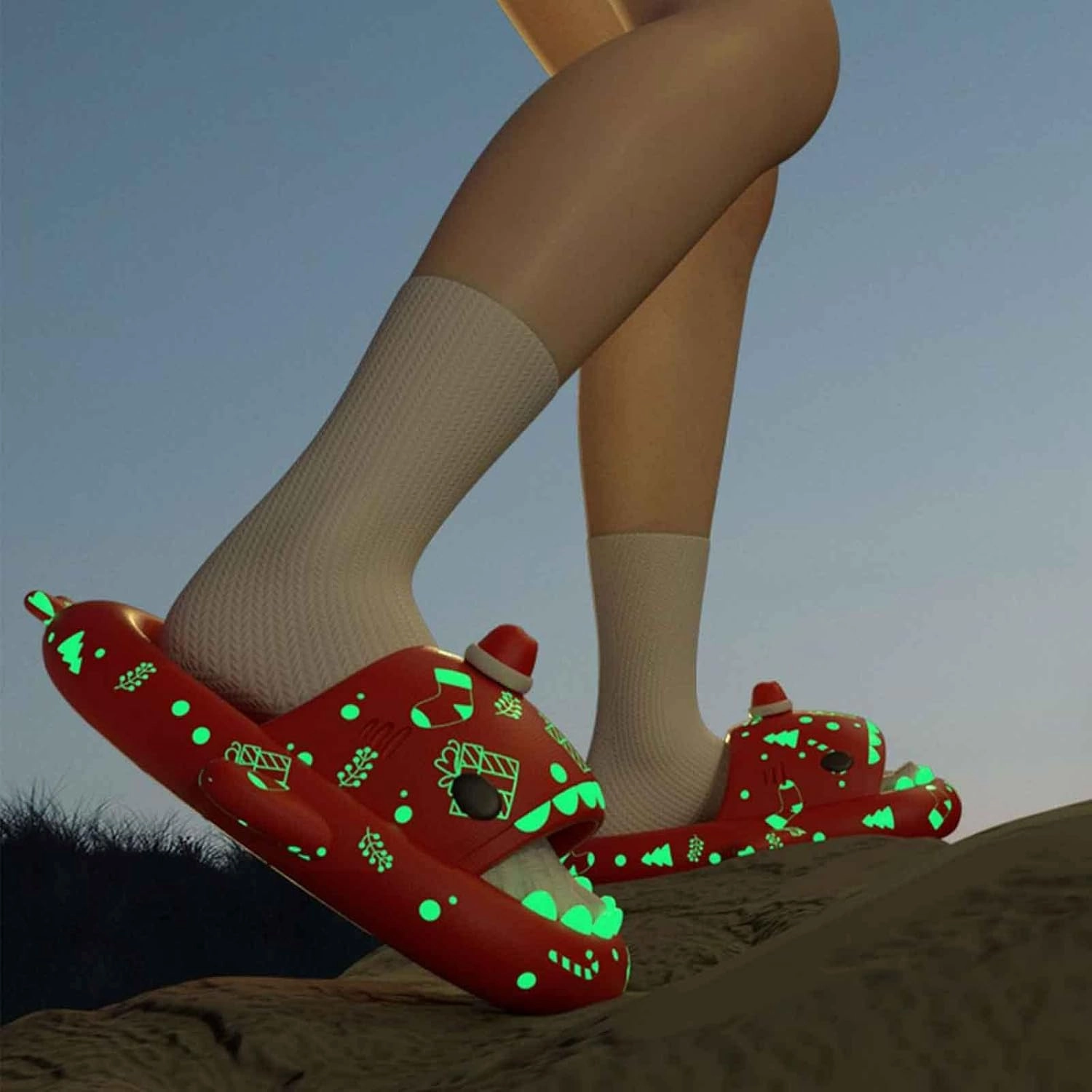 LELEBEAR Spooky Shark Slides Glow In The Dark For Men Women, Halloween Christmas Shark Slippers,3D Cartoon Shark Slides Glow in Dark