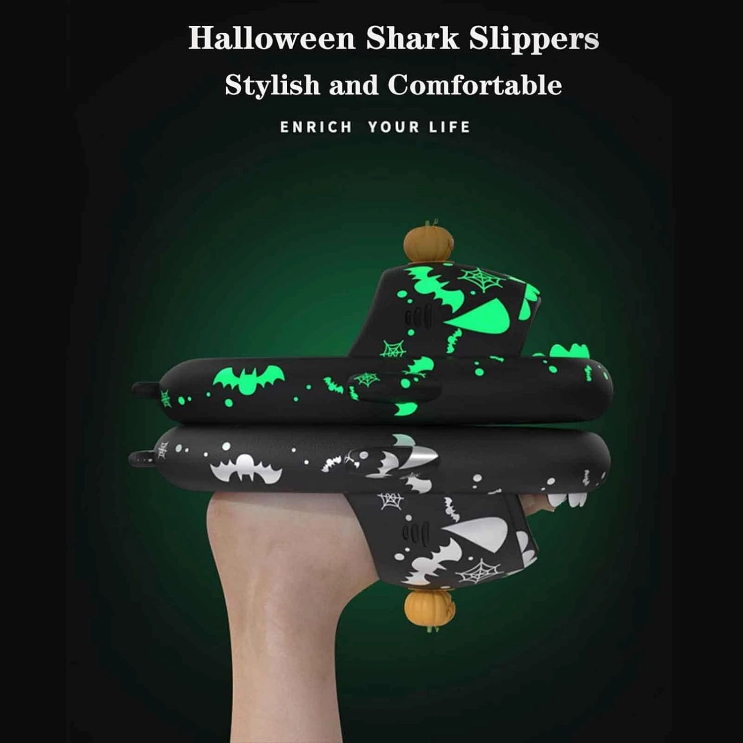 LELEBEAR Spooky Shark Slides Glow In The Dark For Men Women, Halloween Christmas Shark Slippers,3D Cartoon Shark Slides Glow in Dark