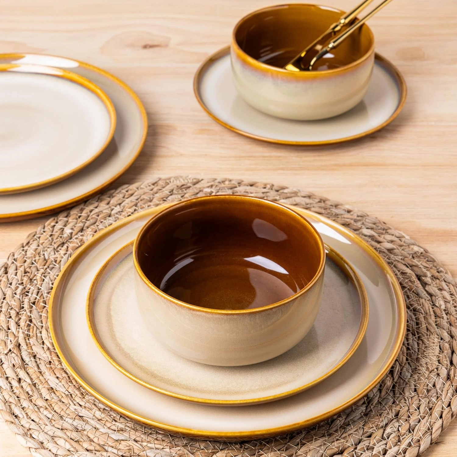 LeRatio Ceramic Dinnerware Sets for 4,12-Piece Plates and Bowls,Handmade Reactive Glaze Dishes Set,Chip Resistant and Scratch Resistant | Oven Dishwasher & Microwave Safe,Service for 4-Kahki