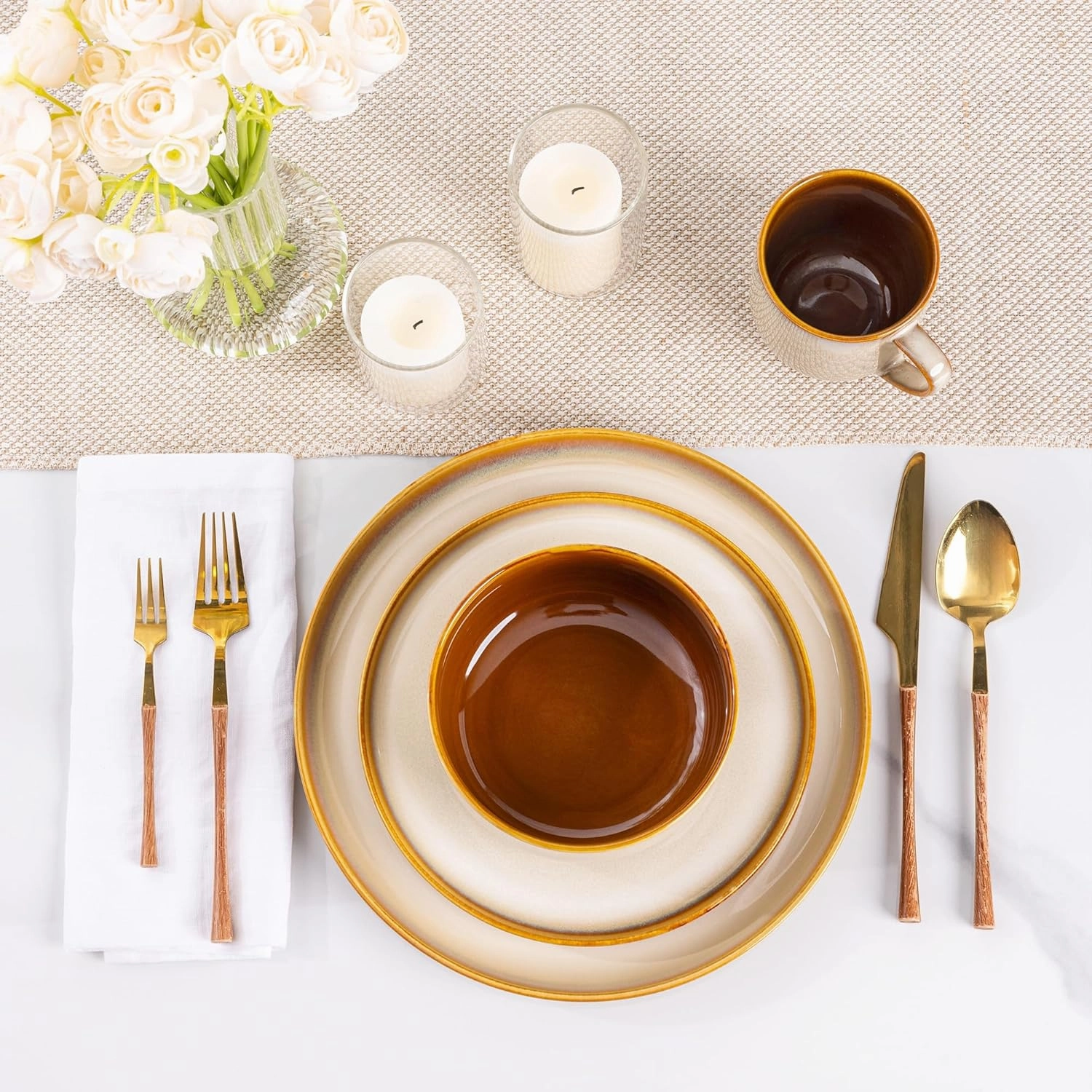LeRatio Ceramic Dinnerware Sets for 4,12-Piece Plates and Bowls,Handmade Reactive Glaze Dishes Set,Chip Resistant and Scratch Resistant | Oven Dishwasher & Microwave Safe,Service for 4-Kahki