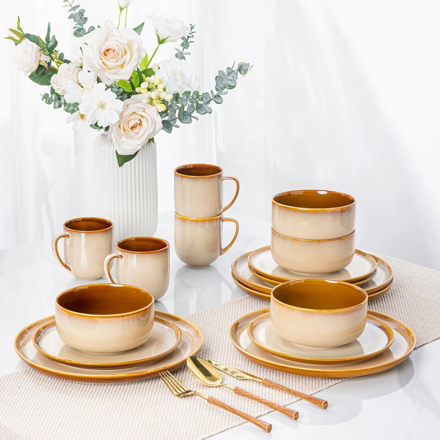 LeRatio Ceramic Dinnerware Sets for 4,12-Piece Plates and Bowls,Handmade Reactive Glaze Dishes Set,Chip Resistant and Scratch Resistant | Oven Dishwasher & Microwave Safe,Service for 4-Kahki
