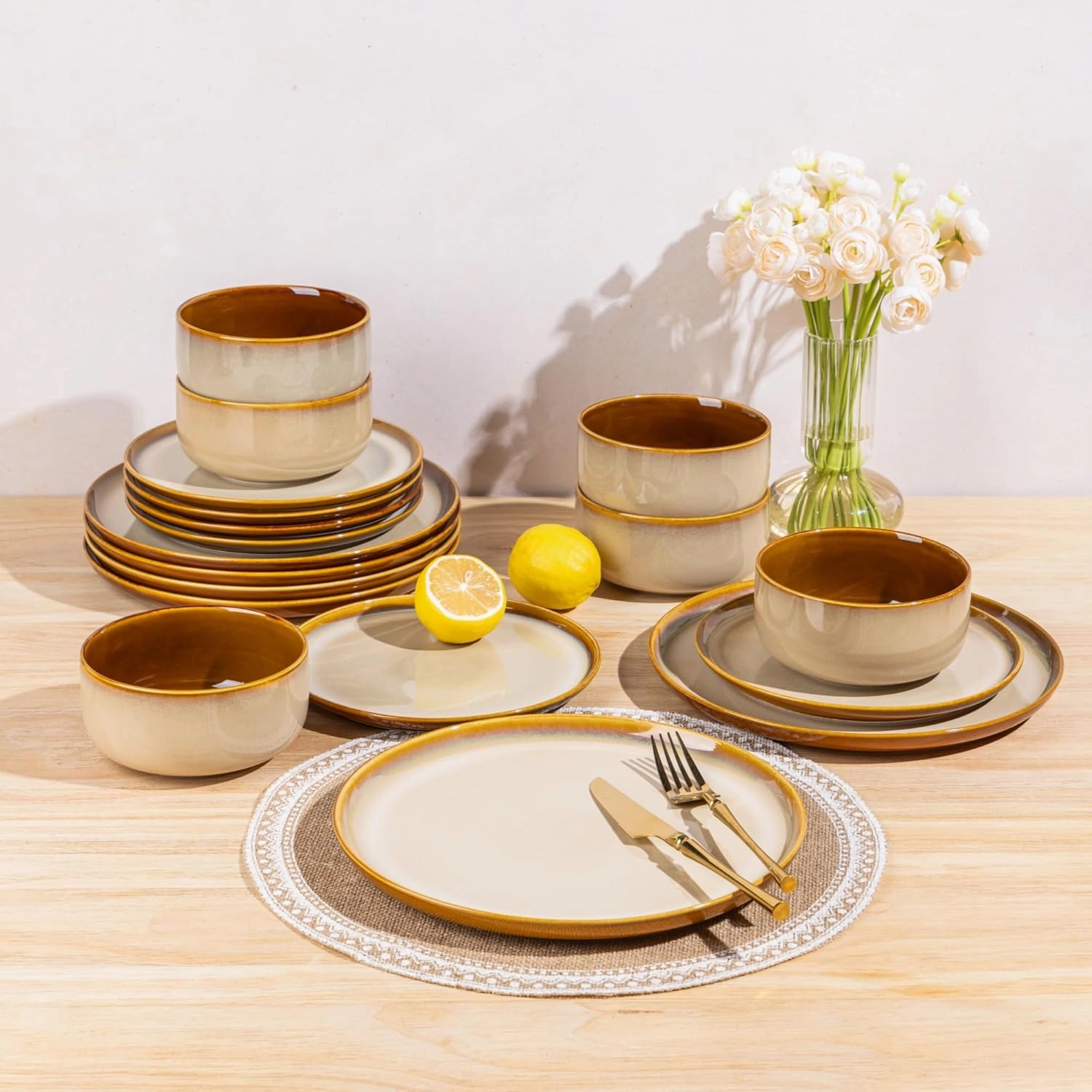 LeRatio Ceramic Dinnerware Sets for 4,12-Piece Plates and Bowls,Handmade Reactive Glaze Dishes Set,Chip Resistant and Scratch Resistant | Oven Dishwasher & Microwave Safe,Service for 4-Kahki