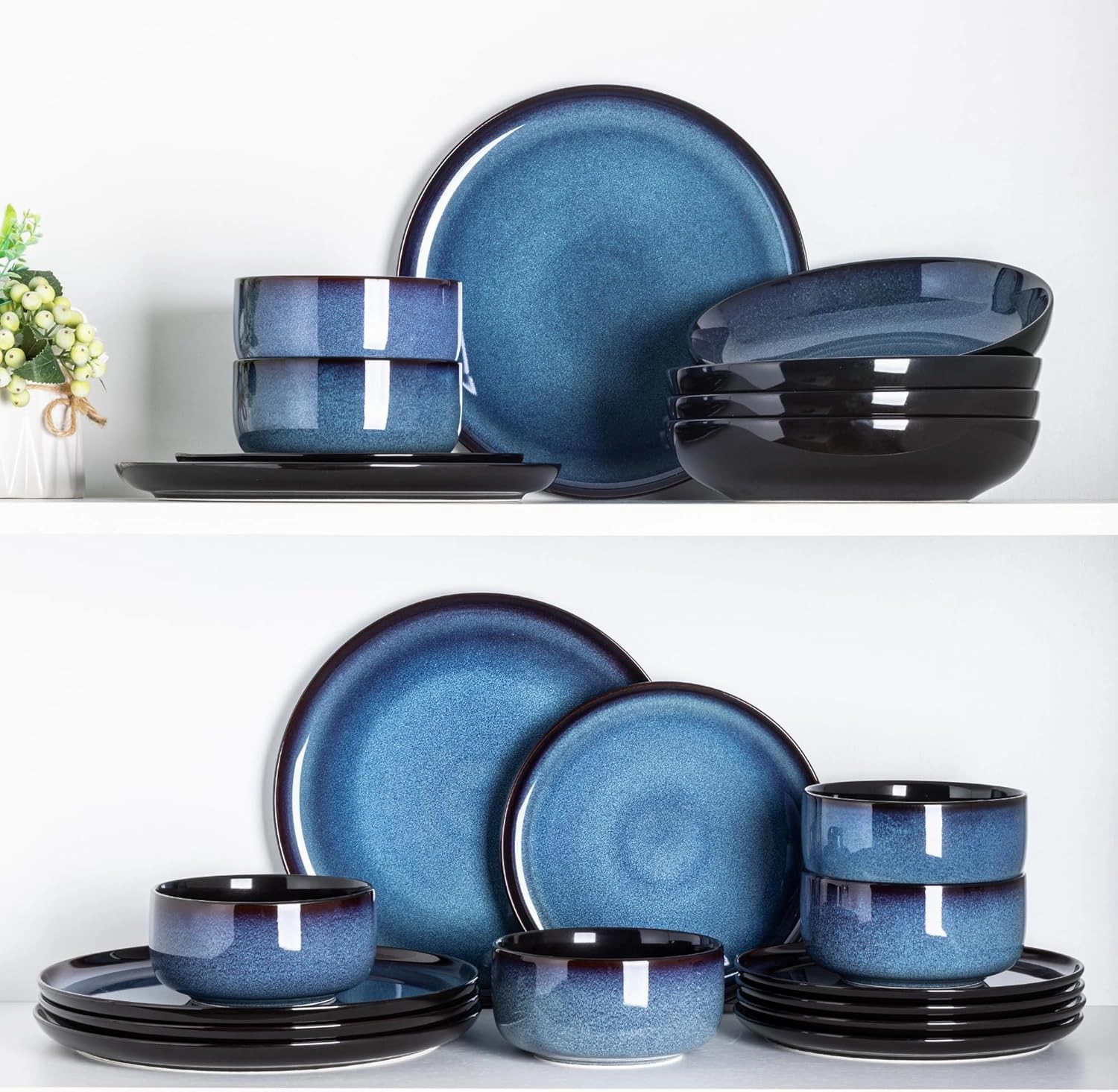 LeRatio Ceramic Dinnerware Sets for 4,Porcelain Plates and Bowls Sets,Handmade Reactive Glaze Dishes Set,Chip Resistant and Scratch Resistant | Oven&Dishwasher & Microwave Safe,Service for 4-Blue