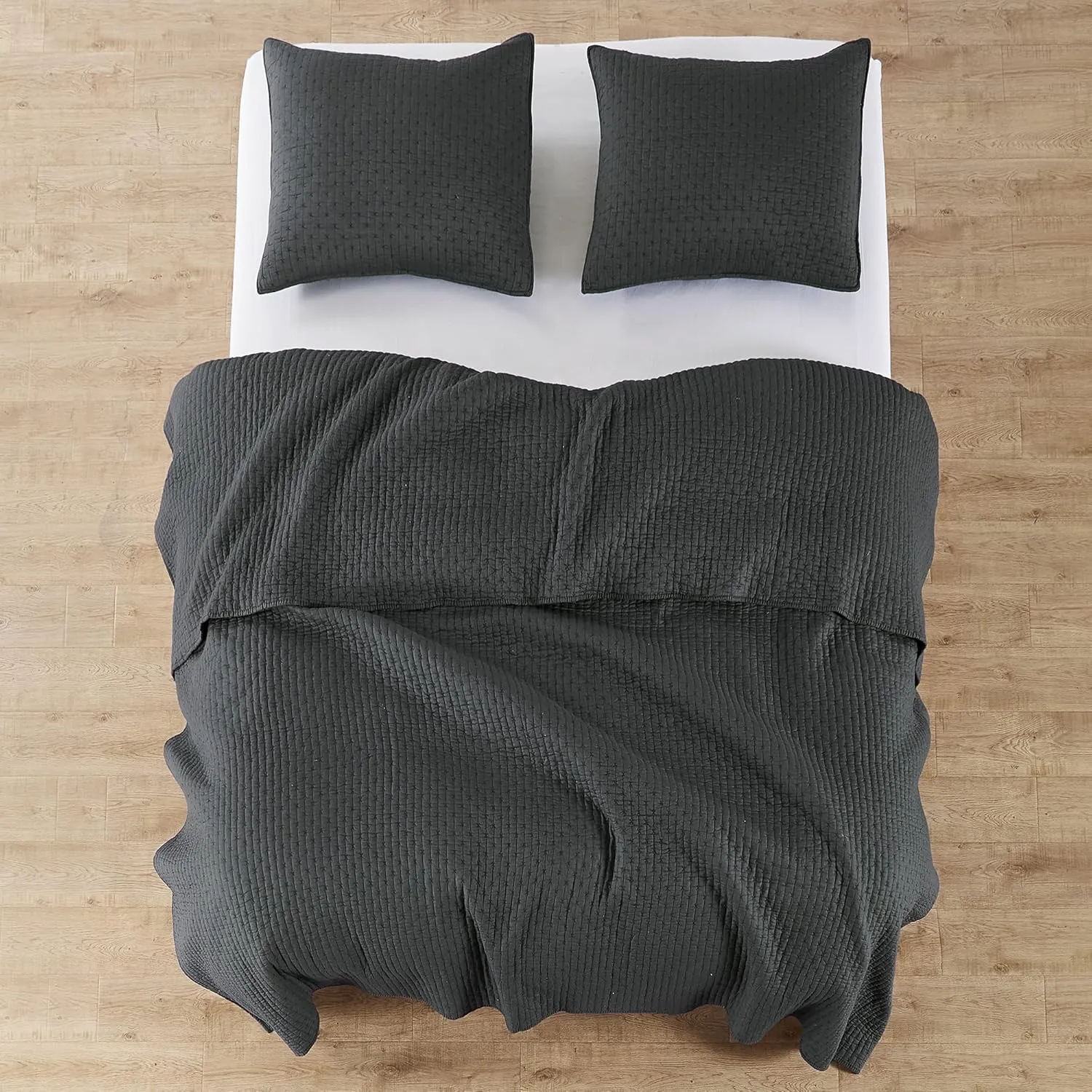 Levtex Home - Cross Stitch Quilt Set - 100% Cotton - Full/Queen Quilt (88x92in.)   2 Standard Shams (26x20in.) - Charcoal Quilt with Matching Stitching
