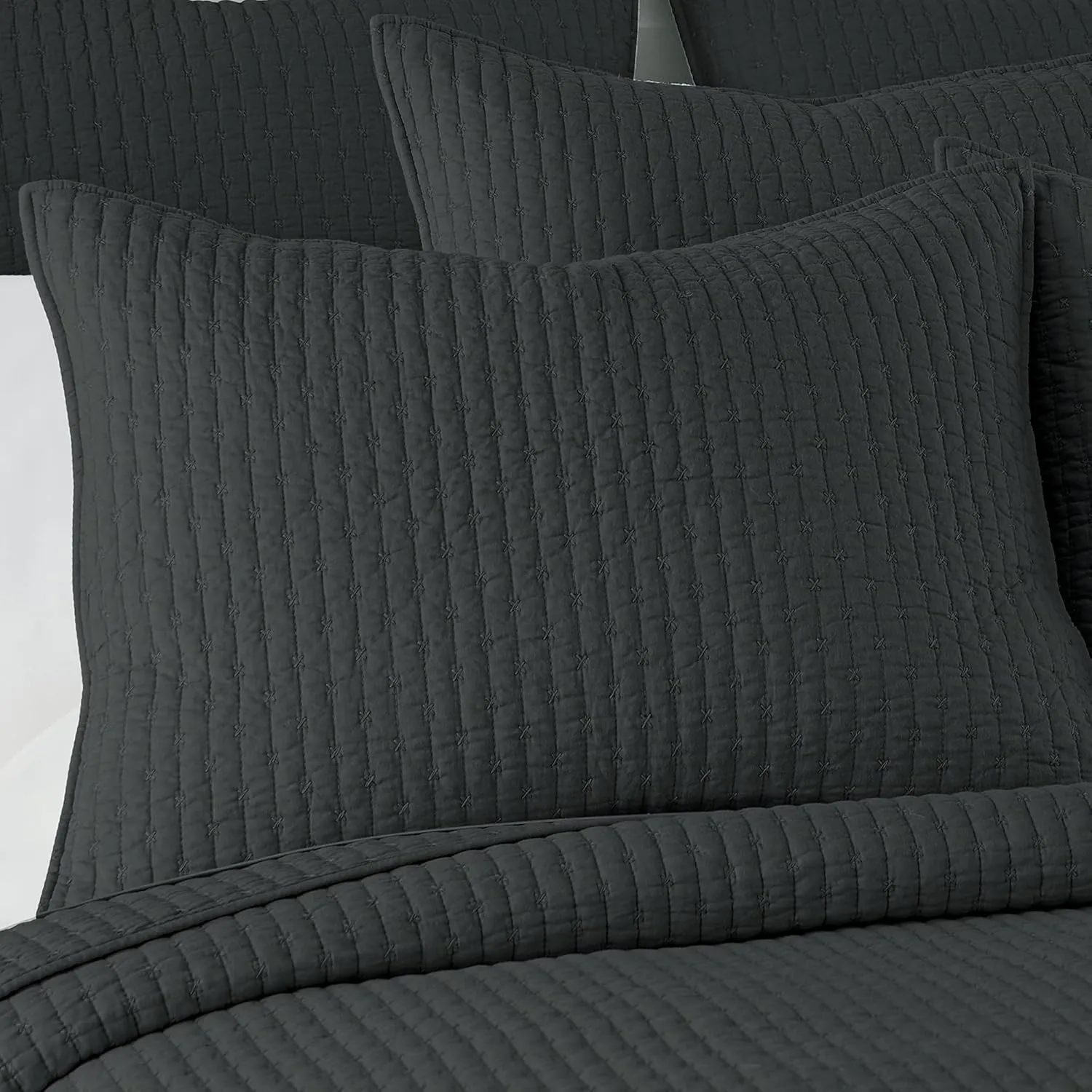 Levtex Home - Cross Stitch Quilt Set - 100% Cotton - Full/Queen Quilt (88x92in.)   2 Standard Shams (26x20in.) - Charcoal Quilt with Matching Stitching