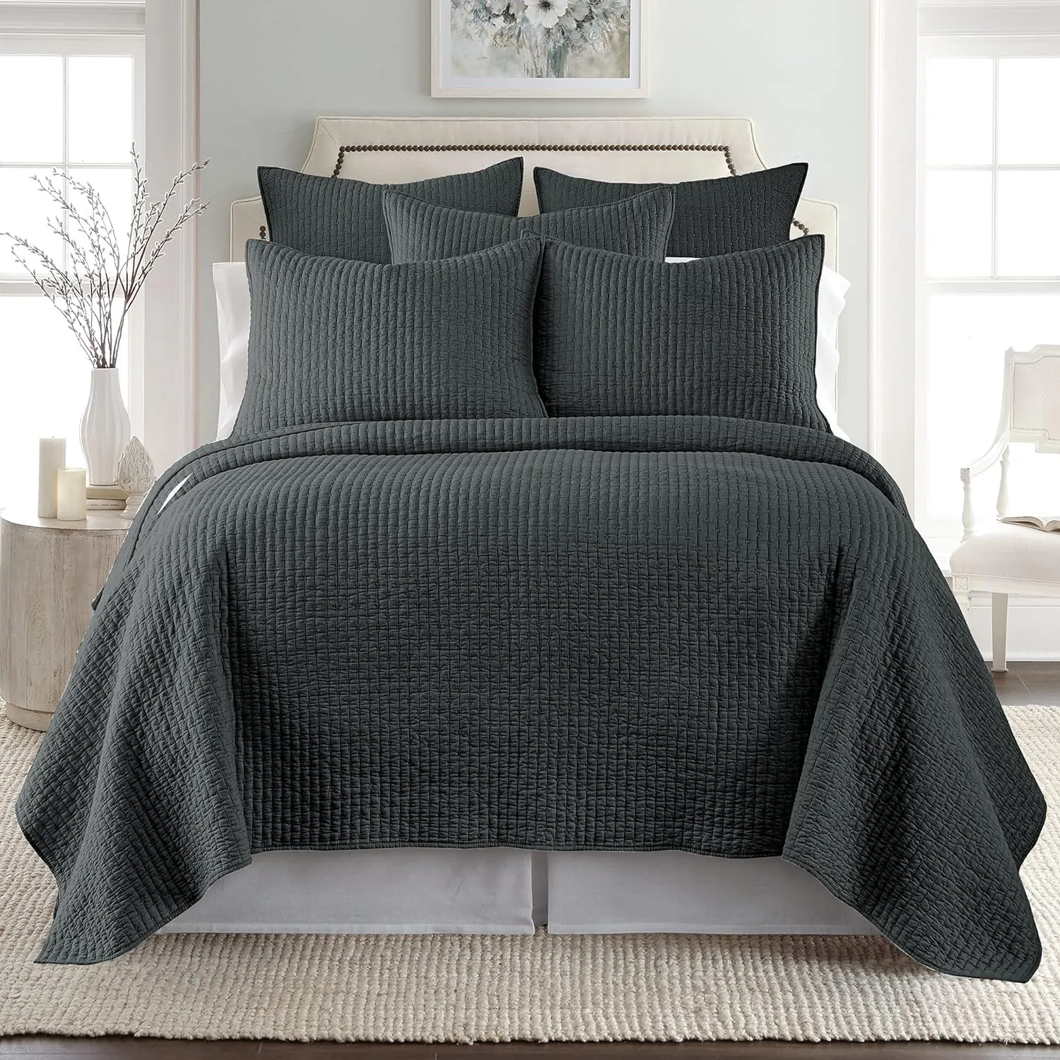 Levtex Home - Cross Stitch Quilt Set - 100% Cotton - Full/Queen Quilt (88x92in.)   2 Standard Shams (26x20in.) - Charcoal Quilt with Matching Stitching