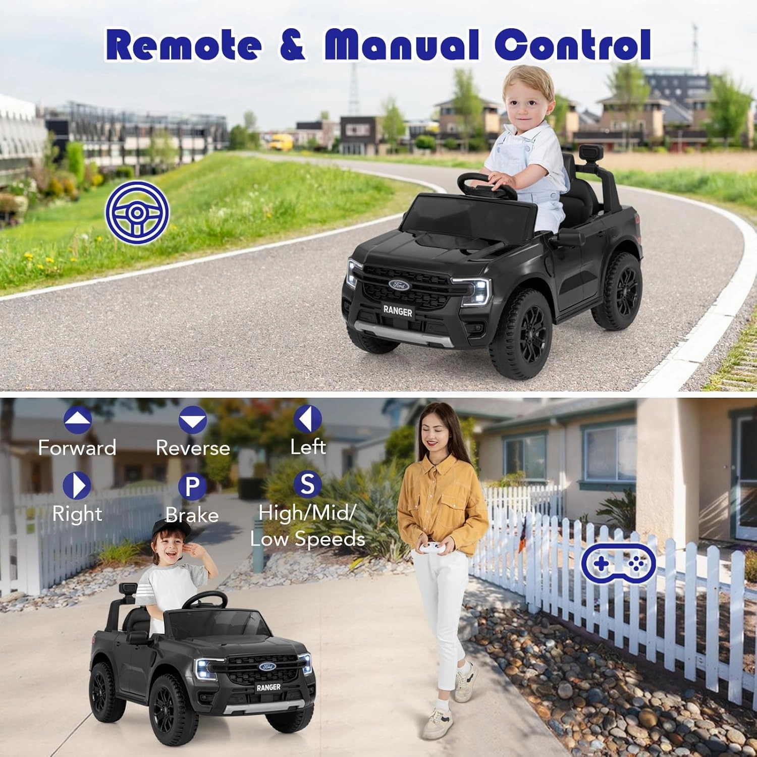 Licensed Ford Ranger Ride on Pickup Truck by INFANS, 12V Battery Powered Electric Vehicle for Kids with Remote Control, Headlight, Power Display, Bluetooth, MP3, Music, Aged 3-6 Years (Black)