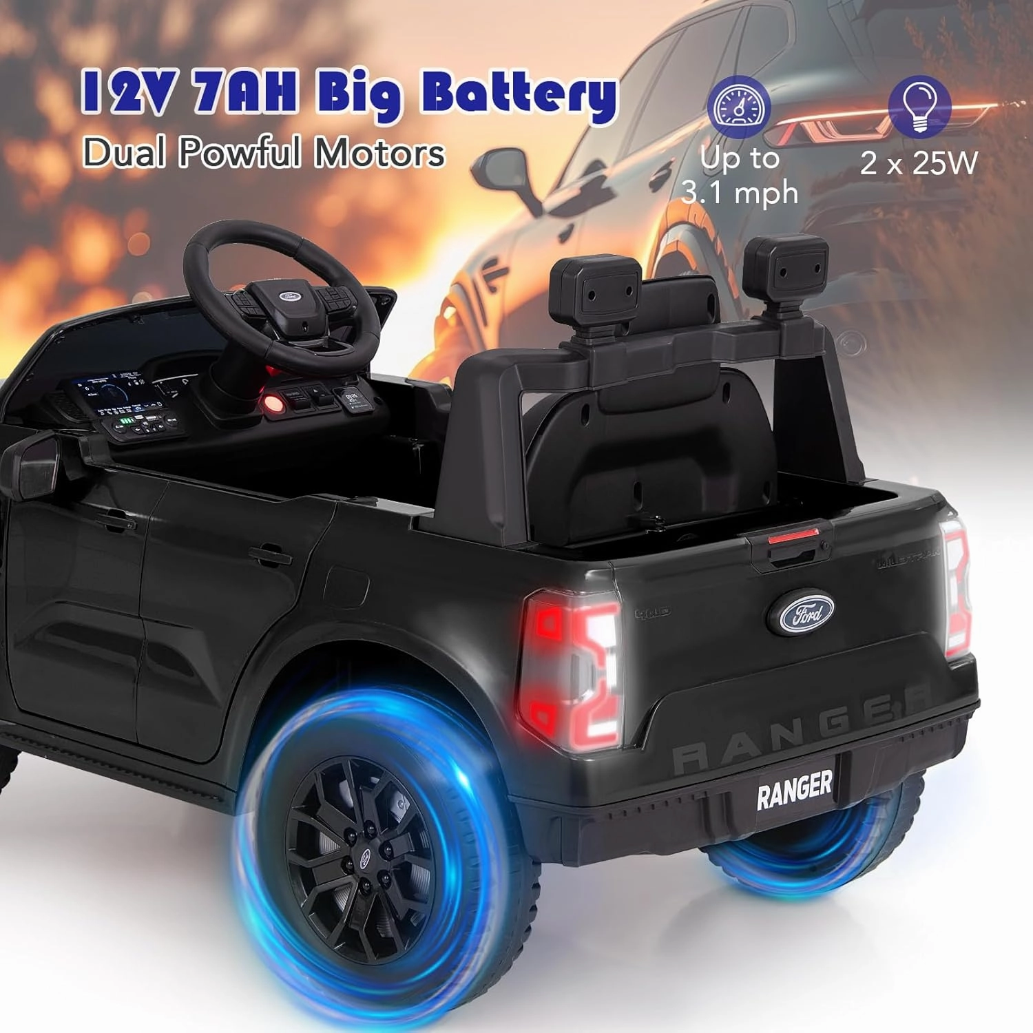 Licensed Ford Ranger Ride on Pickup Truck by INFANS, 12V Battery Powered Electric Vehicle for Kids with Remote Control, Headlight, Power Display, Bluetooth, MP3, Music, Aged 3-6 Years (Black)