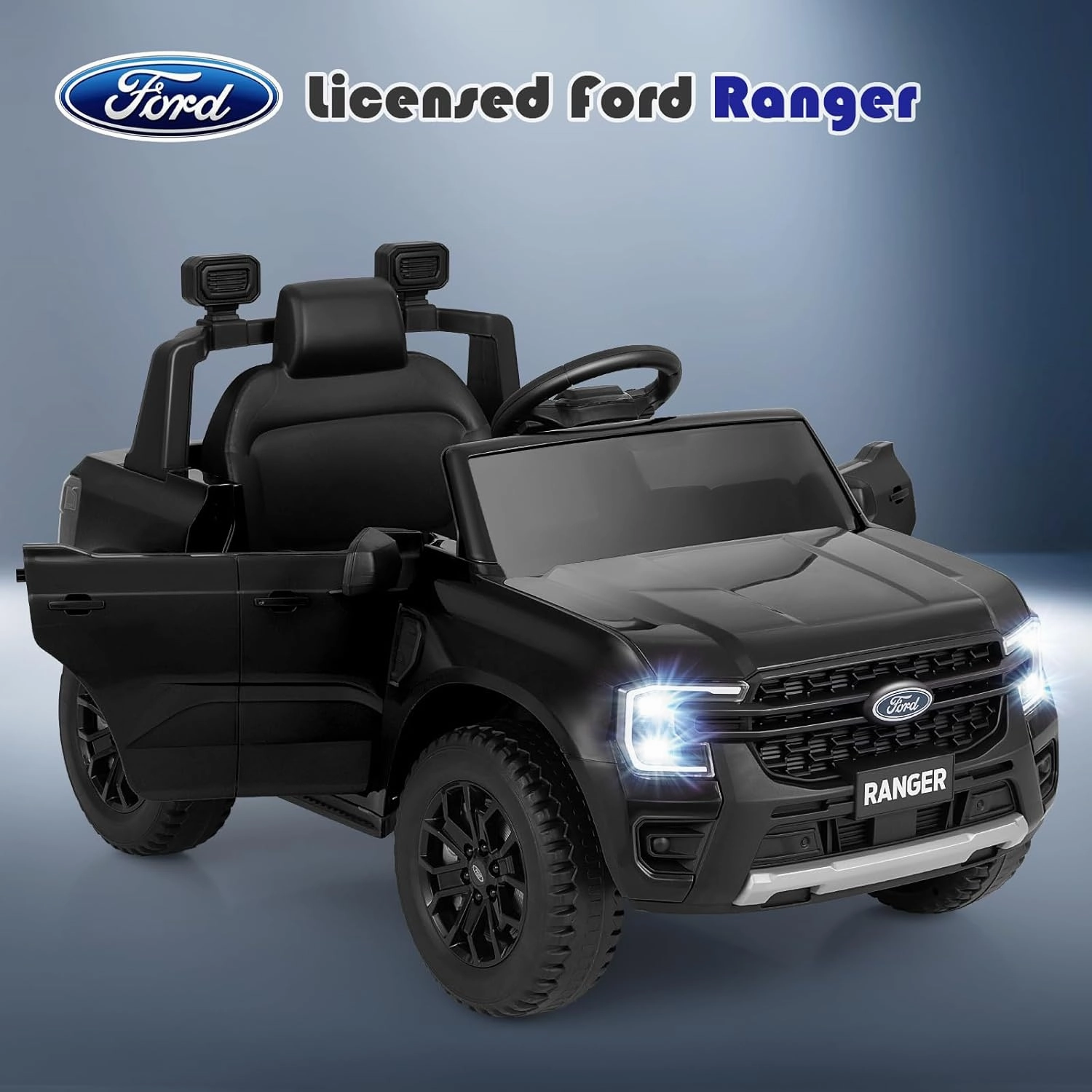 Licensed Ford Ranger Ride on Pickup Truck by INFANS, 12V Battery Powered Electric Vehicle for Kids with Remote Control, Headlight, Power Display, Bluetooth, MP3, Music, Aged 3-6 Years (Black)
