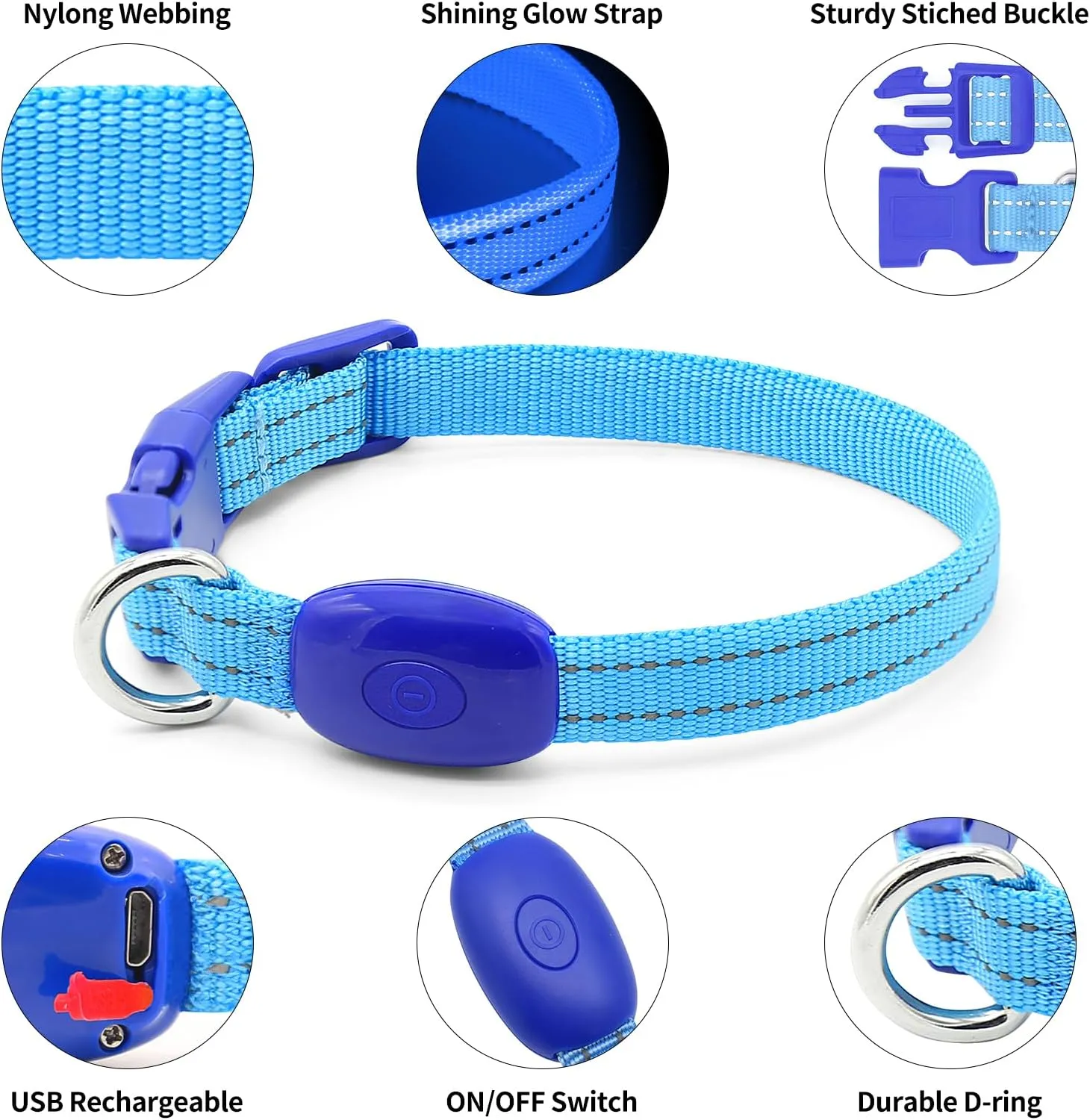 Light Up Dog Collar for Small Dogs, Reflective LED Dog Collar Rechargeable Puppy Collar Glowing Cat Collars Safety Dog Lights for Night Walking (XS, Royal Blue)