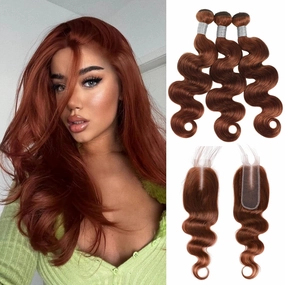 Light Brown Bundles with Closure Human Hair Body Wave, Color 30 Brown Body Wave Bundles   2x6 HD Lace Closure, 12A Virgin Brazilian Remy Hair Sew-In Weave 14 16 18   12 Inch