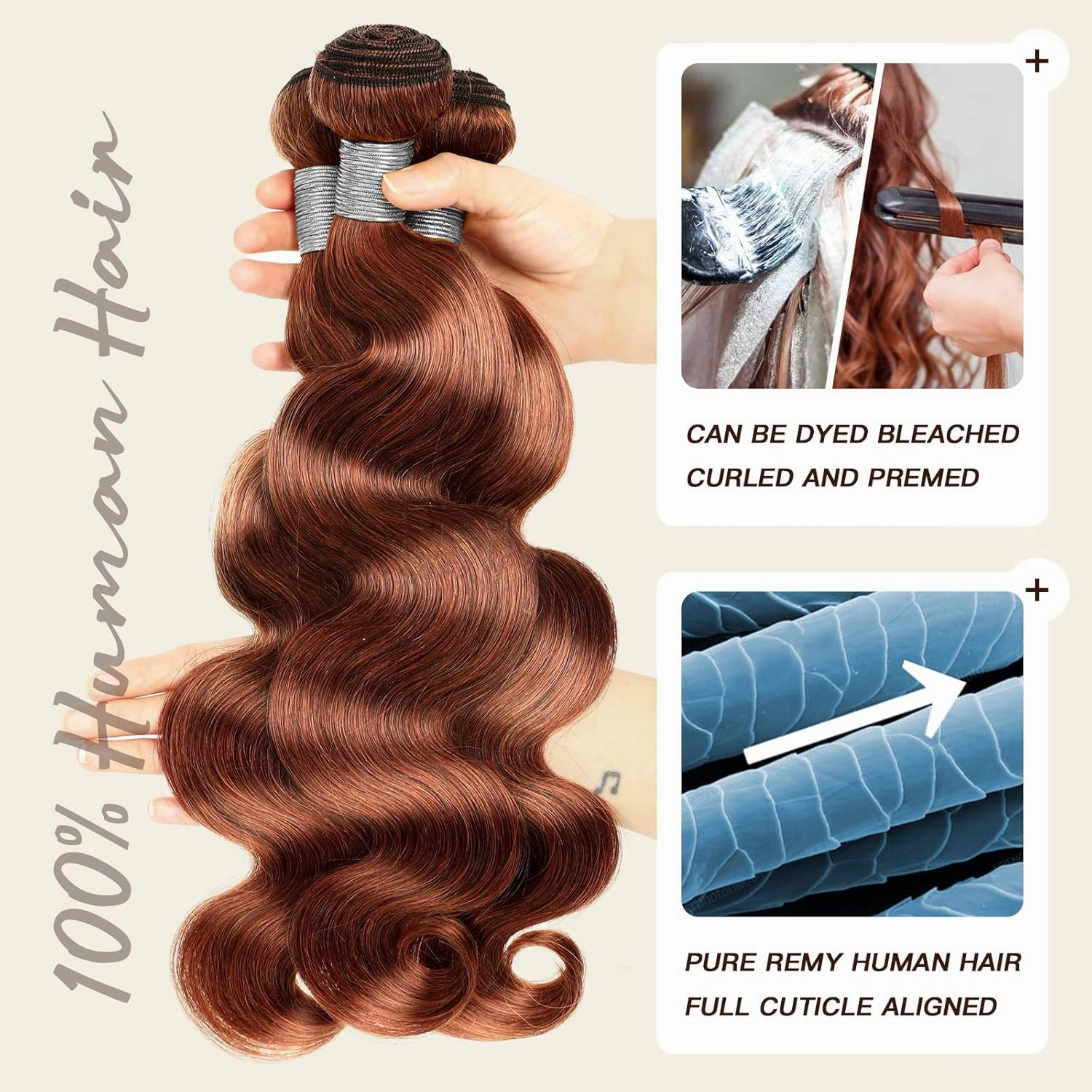 Light Brown Bundles with Closure Human Hair Body Wave, Color 30 Brown Body Wave Bundles   2x6 HD Lace Closure, 12A Virgin Brazilian Remy Hair Sew-In Weave 14 16 18   12 Inch