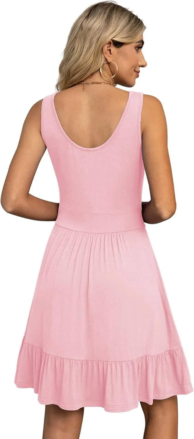 LILBETTER Women's Summer Casual U Neck Sundresses Pleated Knee Length Sleeveless Tank Dress