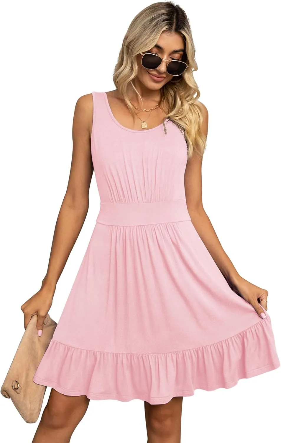 LILBETTER Women's Summer Casual U Neck Sundresses Pleated Knee Length Sleeveless Tank Dress