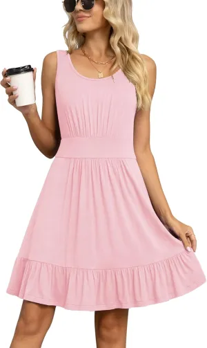 LILBETTER Women's Summer Casual U Neck Sundresses Pleated Knee Length Sleeveless Tank Dress