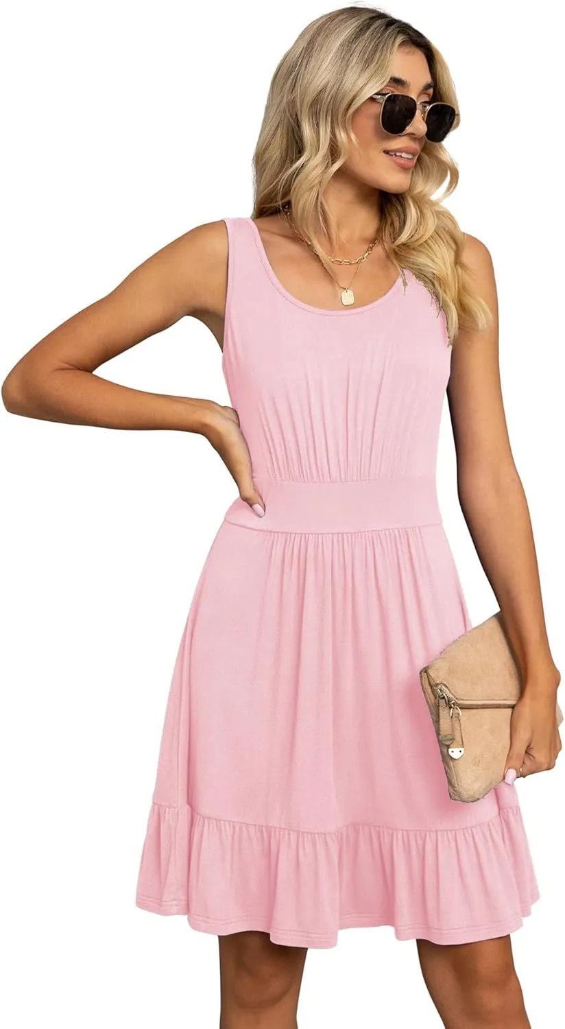 LILBETTER Women's Summer Casual U Neck Sundresses Pleated Knee Length Sleeveless Tank Dress