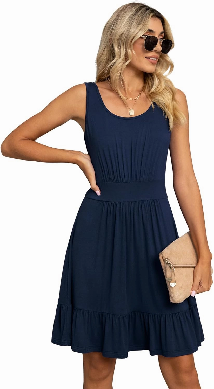LILBETTER Women's Summer Casual U Neck Sundresses Pleated Knee Length Sleeveless Tank Dress