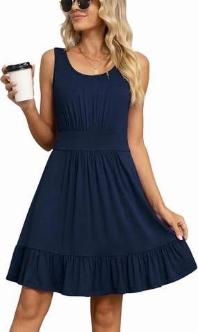 LILBETTER Women's Summer Casual U Neck Sundresses Pleated Knee Length Sleeveless Tank Dress