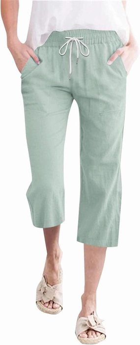 Linen Capri Pants for Women High Waist Drawstring Straight Leg Lounge Pants Summer Fashion Beach Capris with Pockets