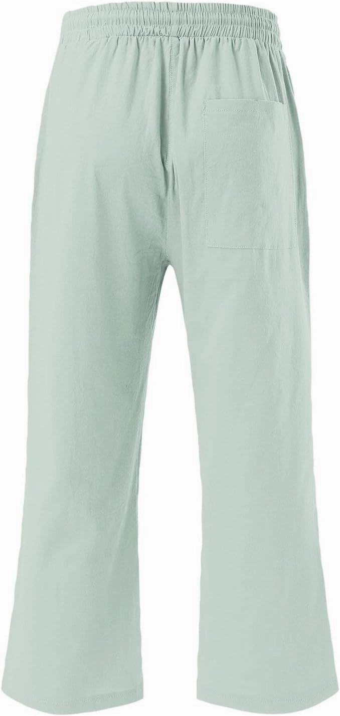 Linen Capri Pants for Women High Waist Drawstring Straight Leg Lounge Pants Summer Fashion Beach Capris with Pockets