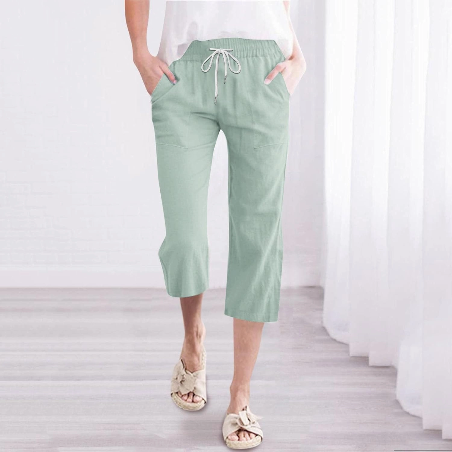 Linen Capri Pants for Women High Waist Drawstring Straight Leg Lounge Pants Summer Fashion Beach Capris with Pockets