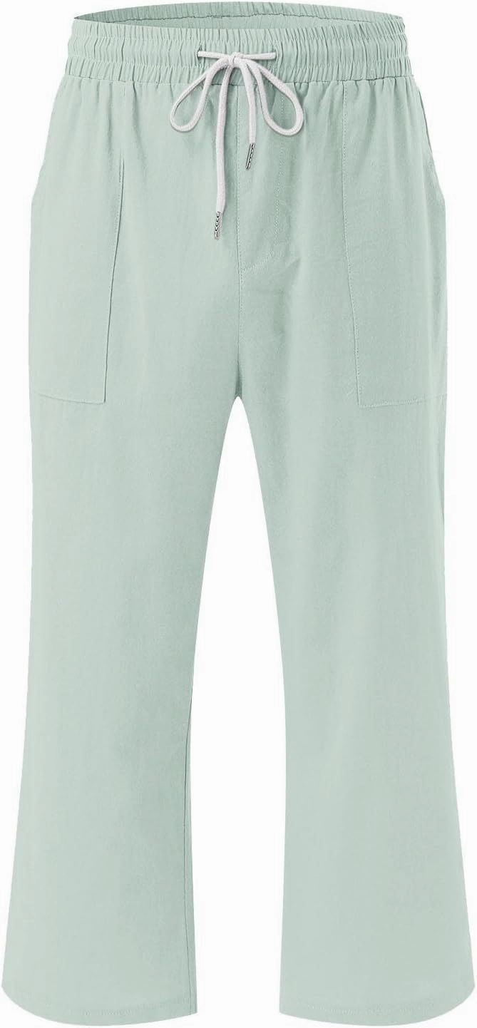 Linen Capri Pants for Women High Waist Drawstring Straight Leg Lounge Pants Summer Fashion Beach Capris with Pockets