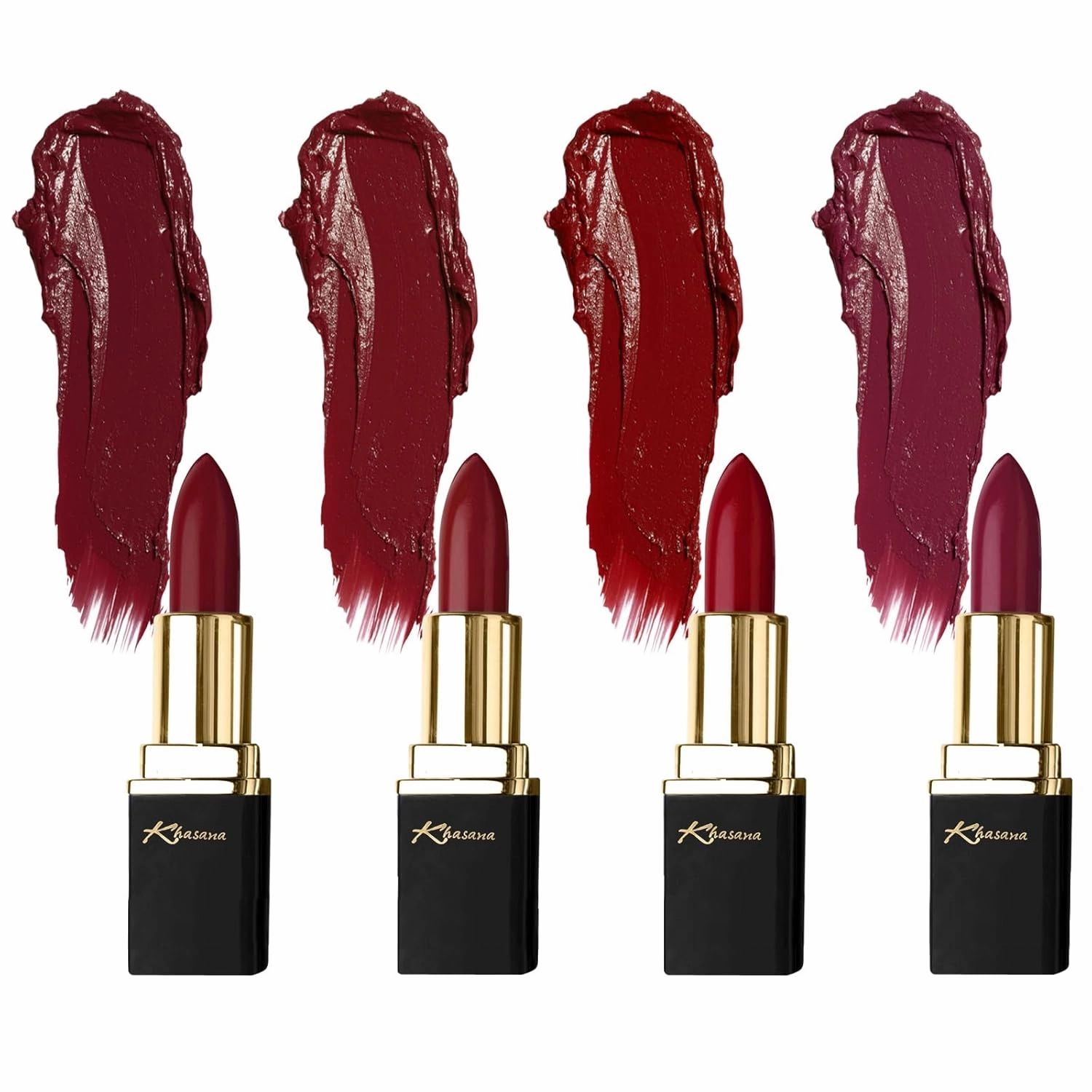 Lipstick Set. Long Lasting Gift Set. Moisturizing Formula, Infused with Vitamin E and Vitamin C. Multi Finish Lip Makeup Cream Gloss & Matte. Pack of 4 Red Collection