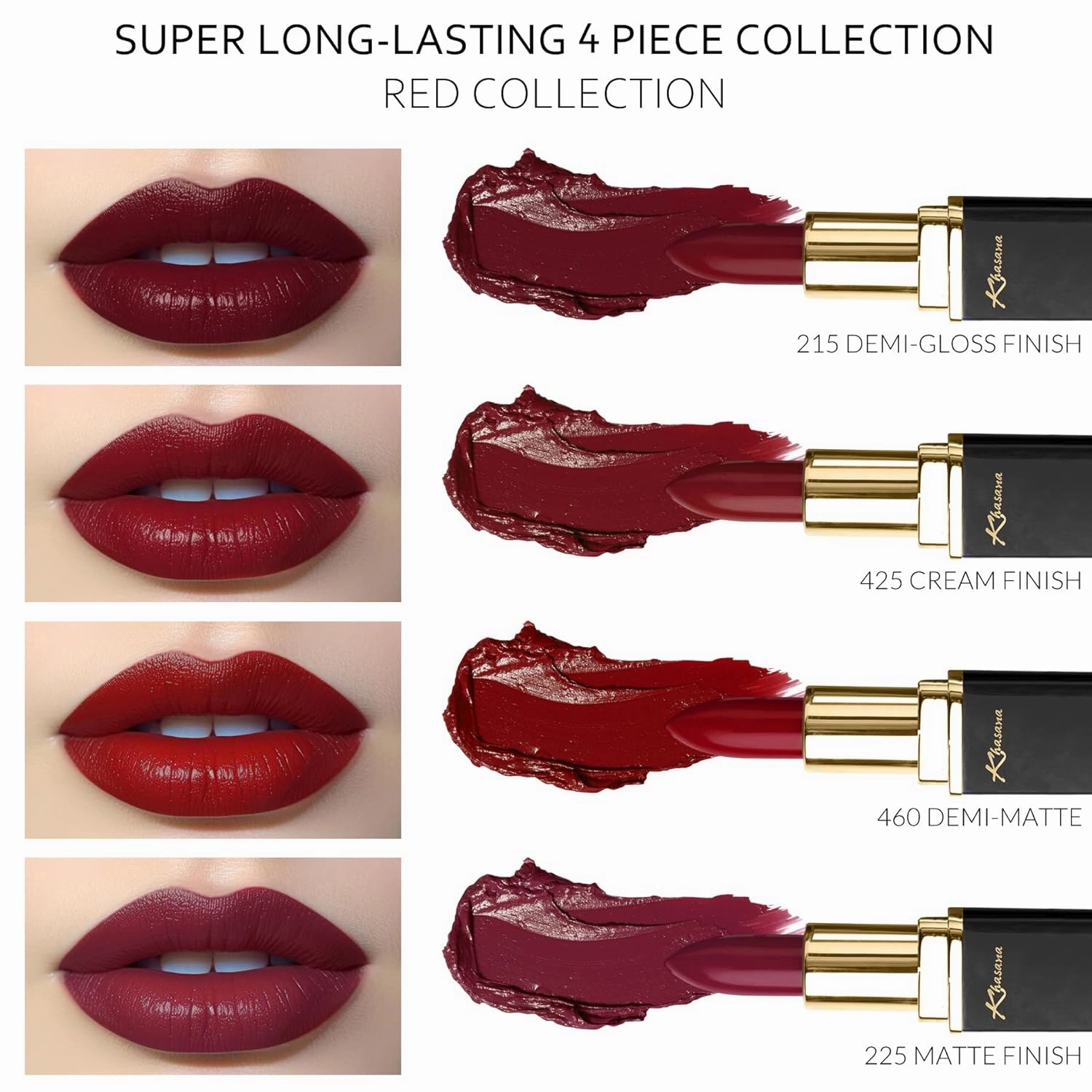 Lipstick Set. Long Lasting Gift Set. Moisturizing Formula, Infused with Vitamin E and Vitamin C. Multi Finish Lip Makeup Cream Gloss & Matte. Pack of 4 Red Collection