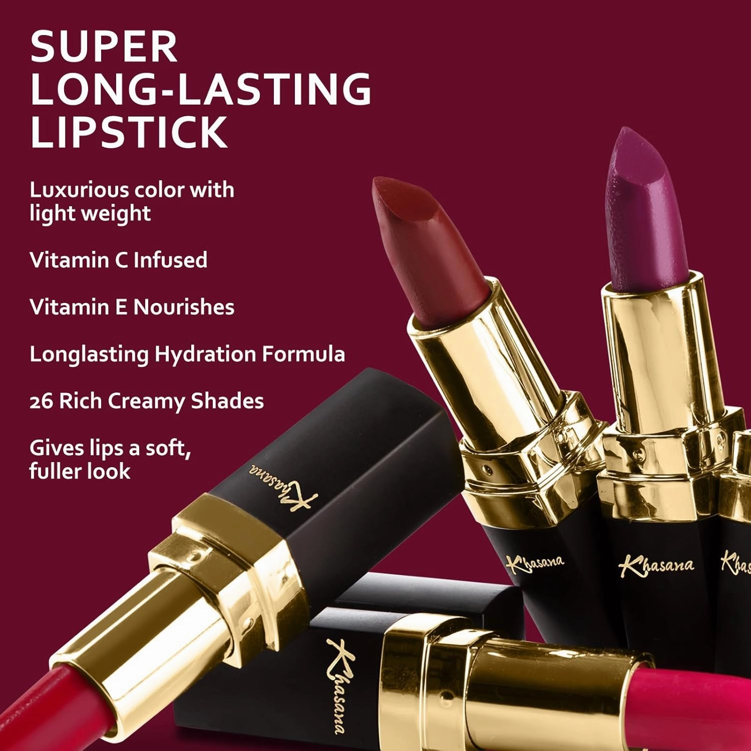 Lipstick Set. Long Lasting Gift Set. Moisturizing Formula, Infused with Vitamin E and Vitamin C. Multi Finish Lip Makeup Cream Gloss & Matte. Pack of 4 Red Collection