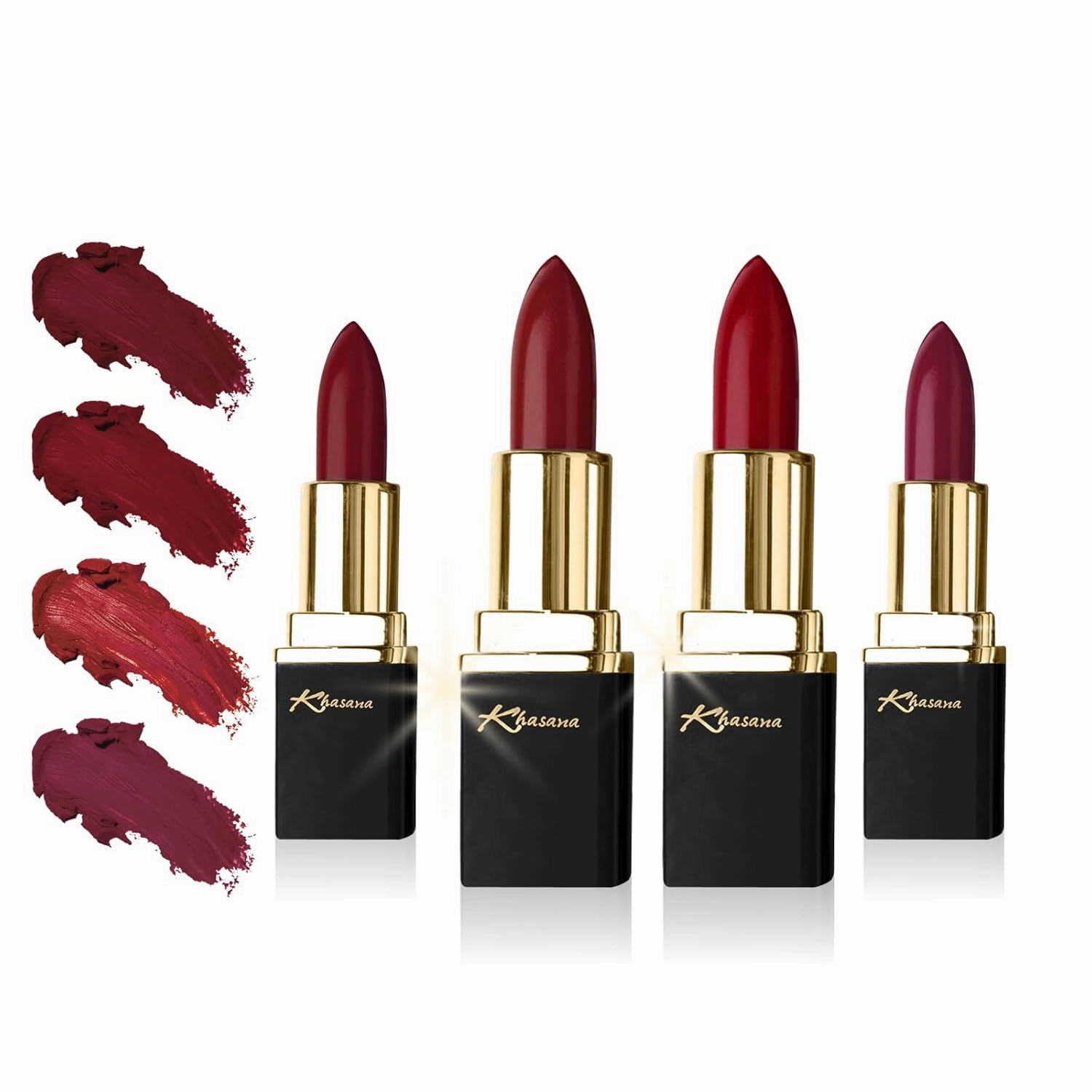 Lipstick Set. Long Lasting Gift Set. Moisturizing Formula, Infused with Vitamin E and Vitamin C. Multi Finish Lip Makeup Cream Gloss & Matte. Pack of 4 Red Collection