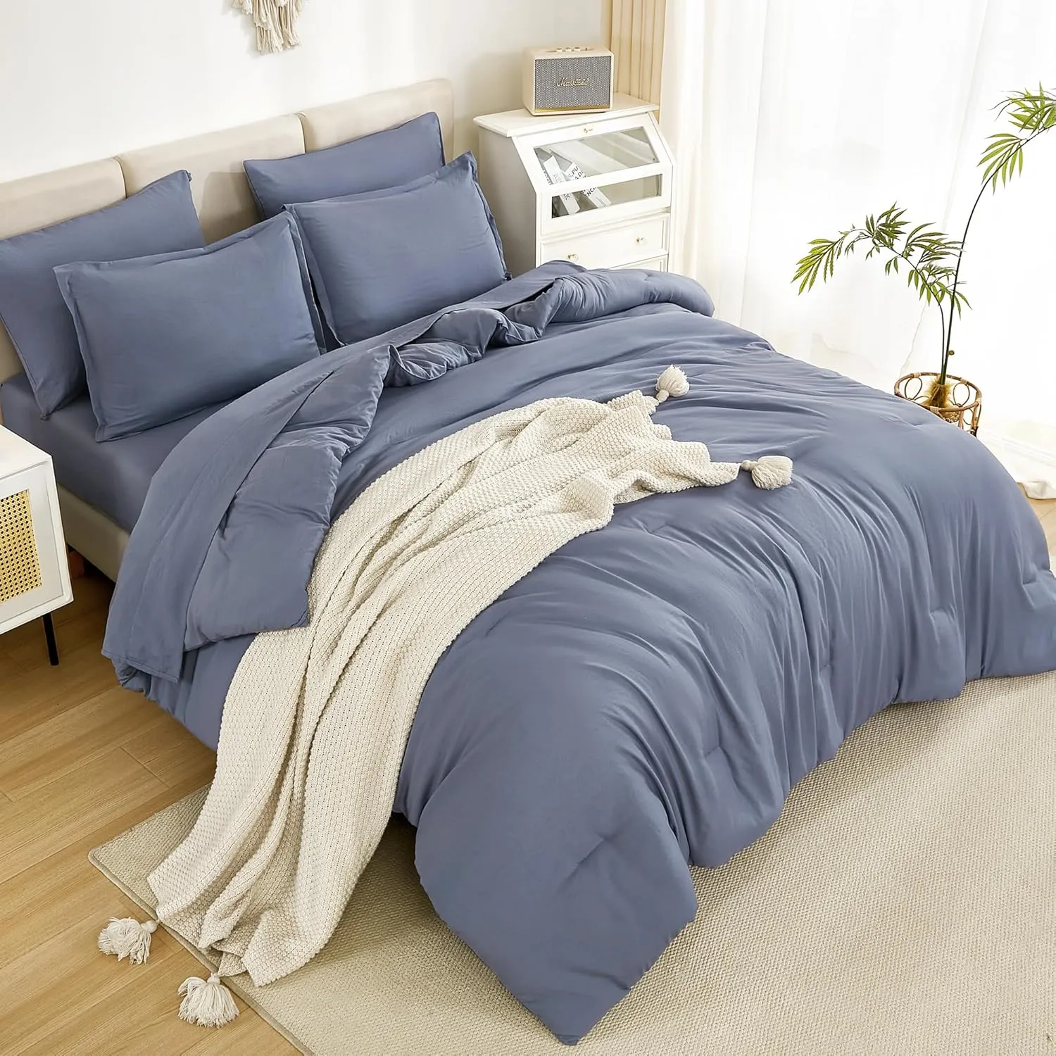 Litanika Full Size Comforter Sets Bluish Grey - 7 Pieces Bed in a Bag Full Beddding Comforter Sets, Solid Lightweight Bed Set with Comforter, Sheets, Pillowcases & Shams