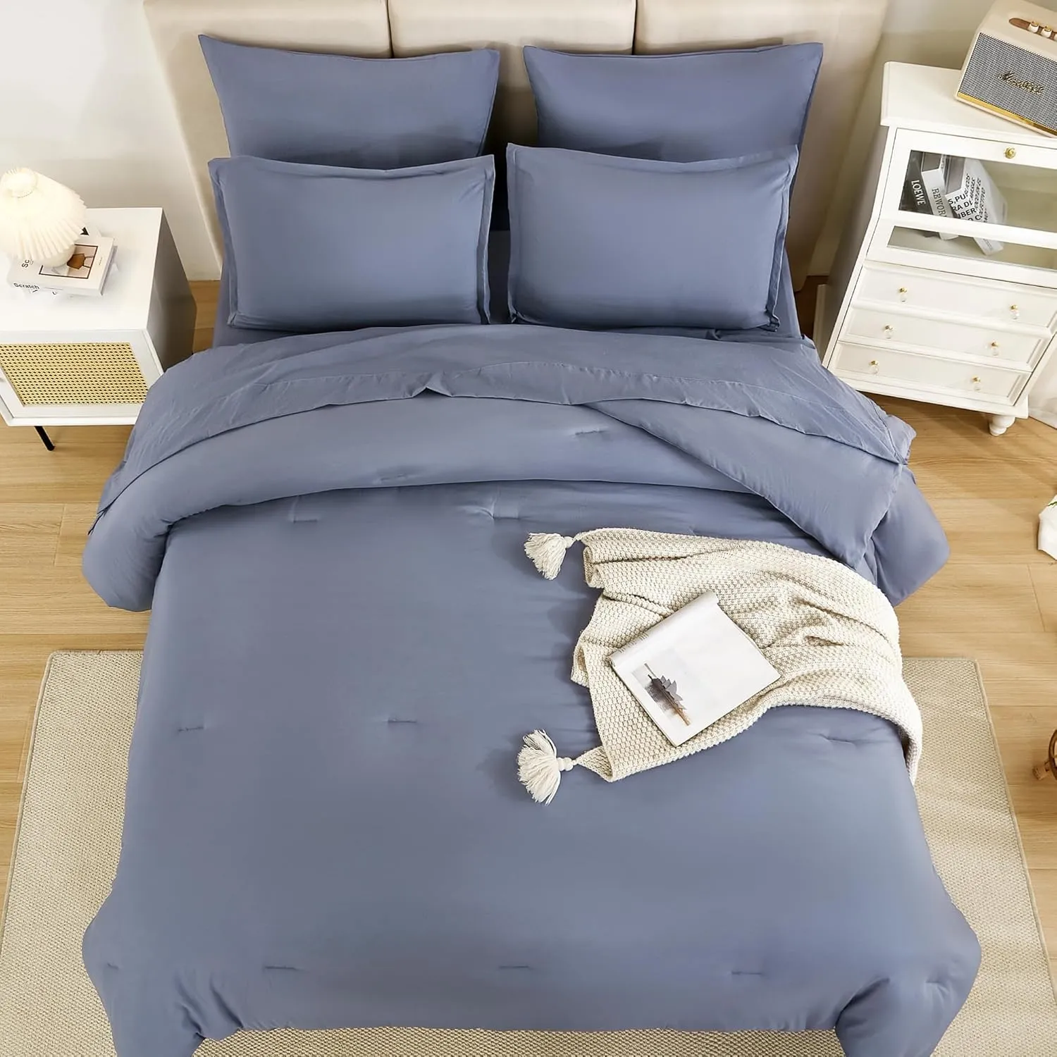 Litanika Full Size Comforter Sets Bluish Grey - 7 Pieces Bed in a Bag Full Beddding Comforter Sets, Solid Lightweight Bed Set with Comforter, Sheets, Pillowcases & Shams