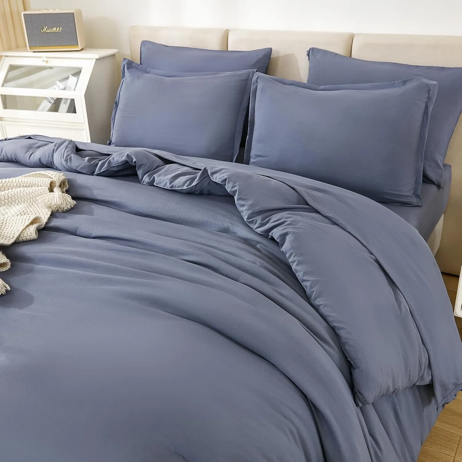Litanika Full Size Comforter Sets Bluish Grey - 7 Pieces Bed in a Bag Full Beddding Comforter Sets, Solid Lightweight Bed Set with Comforter, Sheets, Pillowcases & Shams