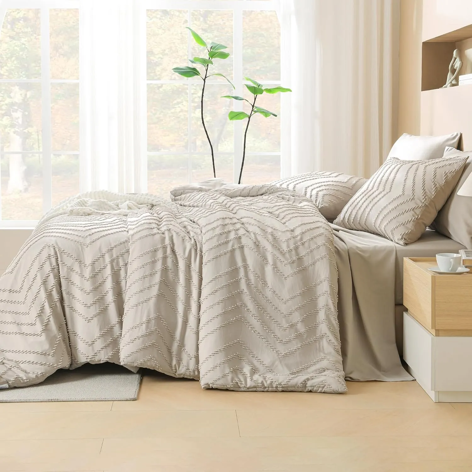 Litanika Oversized King Size Comforter Set with Sheets Oatmeal - 7 Pieces Bed in a Bag Oversized King Boho Tufted Complete Beddding Sets with Comforter, Sheets, Pillowcases & Shams