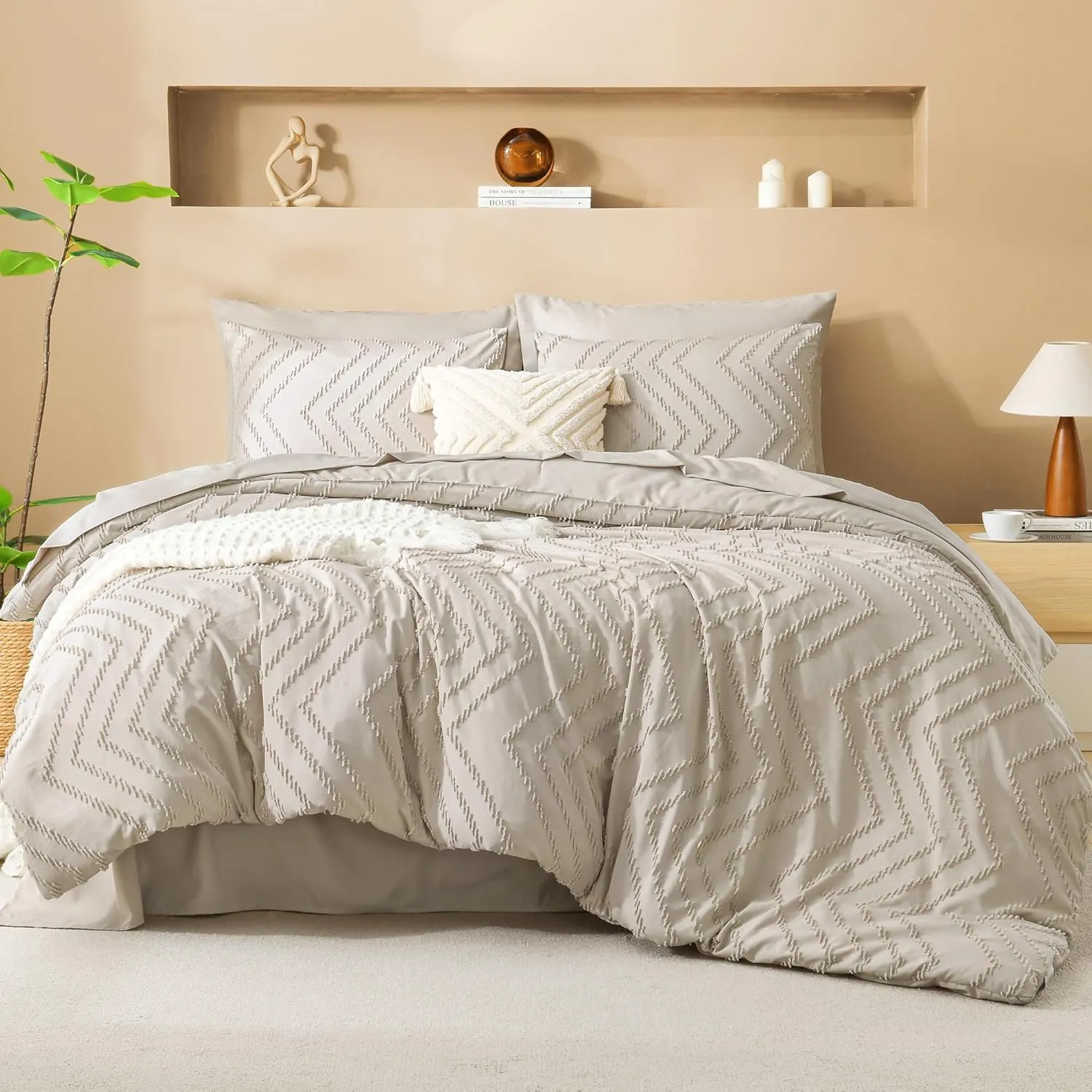 Litanika Oversized King Size Comforter Set with Sheets Oatmeal - 7 Pieces Bed in a Bag Oversized King Boho Tufted Complete Beddding Sets with Comforter, Sheets, Pillowcases & Shams