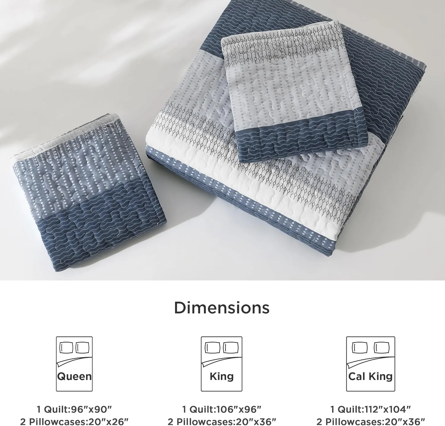 Litanika Queen Quilt Set Navy Blue, Stripe Patchwork Bedspread Coverlet 3 Pieces, Lightweight Microfiber Summer Quilt Bedding Set(1 Quilt, 2 Pillowcases)