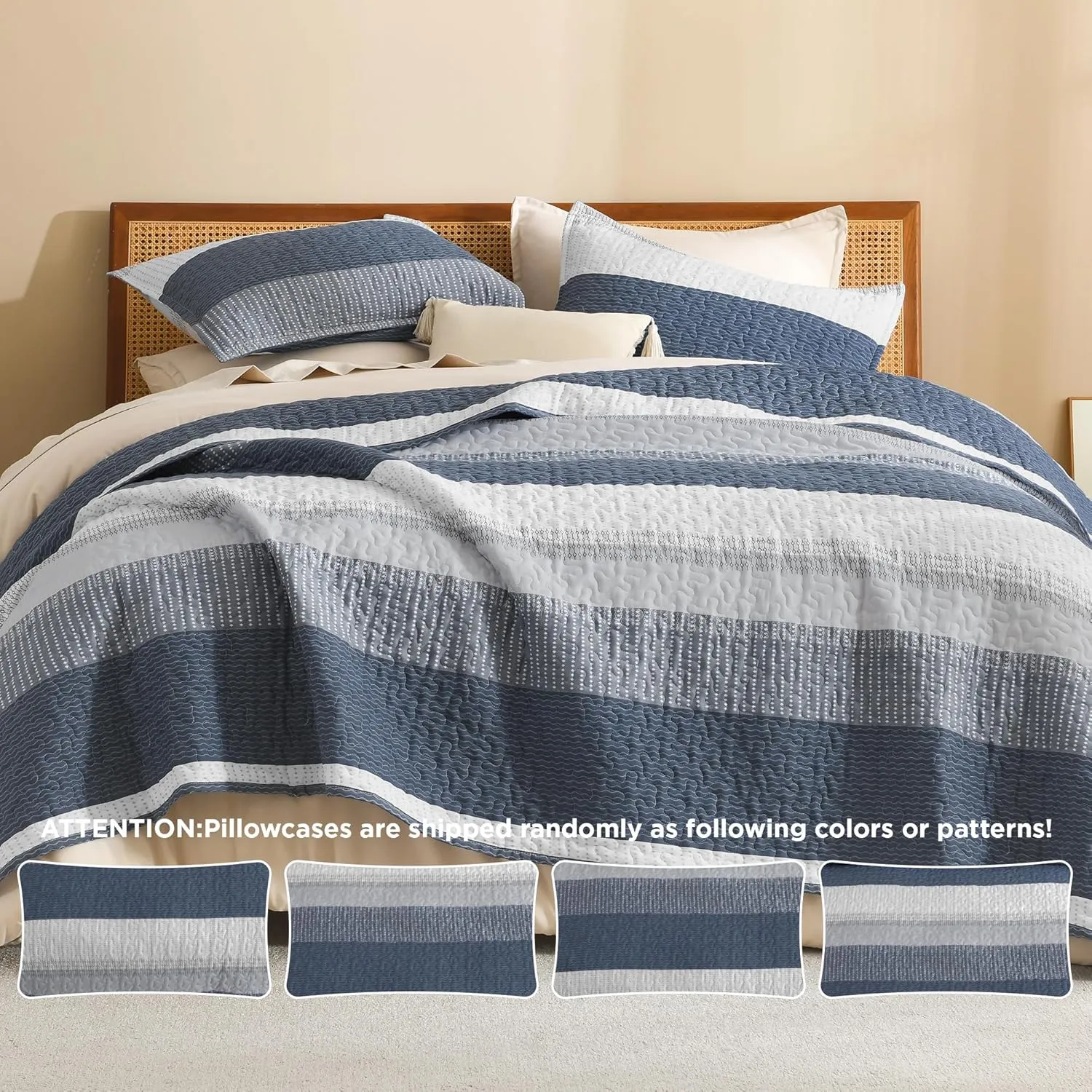 Litanika Queen Quilt Set Navy Blue, Stripe Patchwork Bedspread Coverlet 3 Pieces, Lightweight Microfiber Summer Quilt Bedding Set(1 Quilt, 2 Pillowcases)