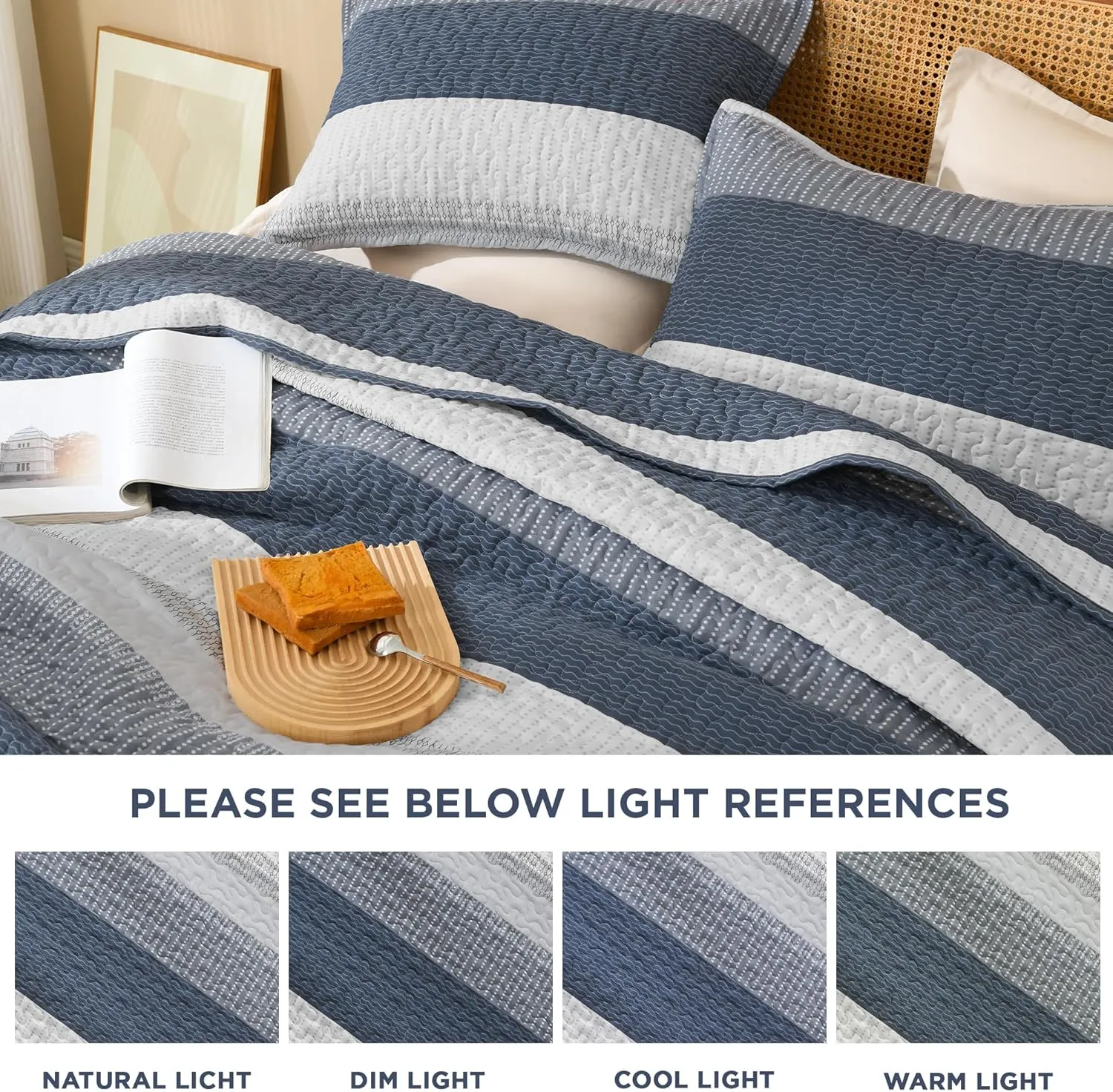 Litanika Queen Quilt Set Navy Blue, Stripe Patchwork Bedspread Coverlet 3 Pieces, Lightweight Microfiber Summer Quilt Bedding Set(1 Quilt, 2 Pillowcases)