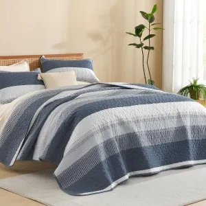 Litanika Queen Quilt Set Navy Blue, Stripe Patchwork Bedspread Coverlet 3 Pieces, Lightweight Microfiber Summer Quilt Bedding Set(1 Quilt, 2 Pillowcases)