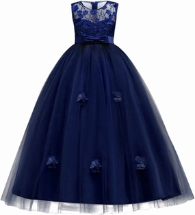 Little Big Girls’Tulle Retro Vintage Dresses Flower Lace Pageant Party Wedding Floor Length Dance Evening Gown