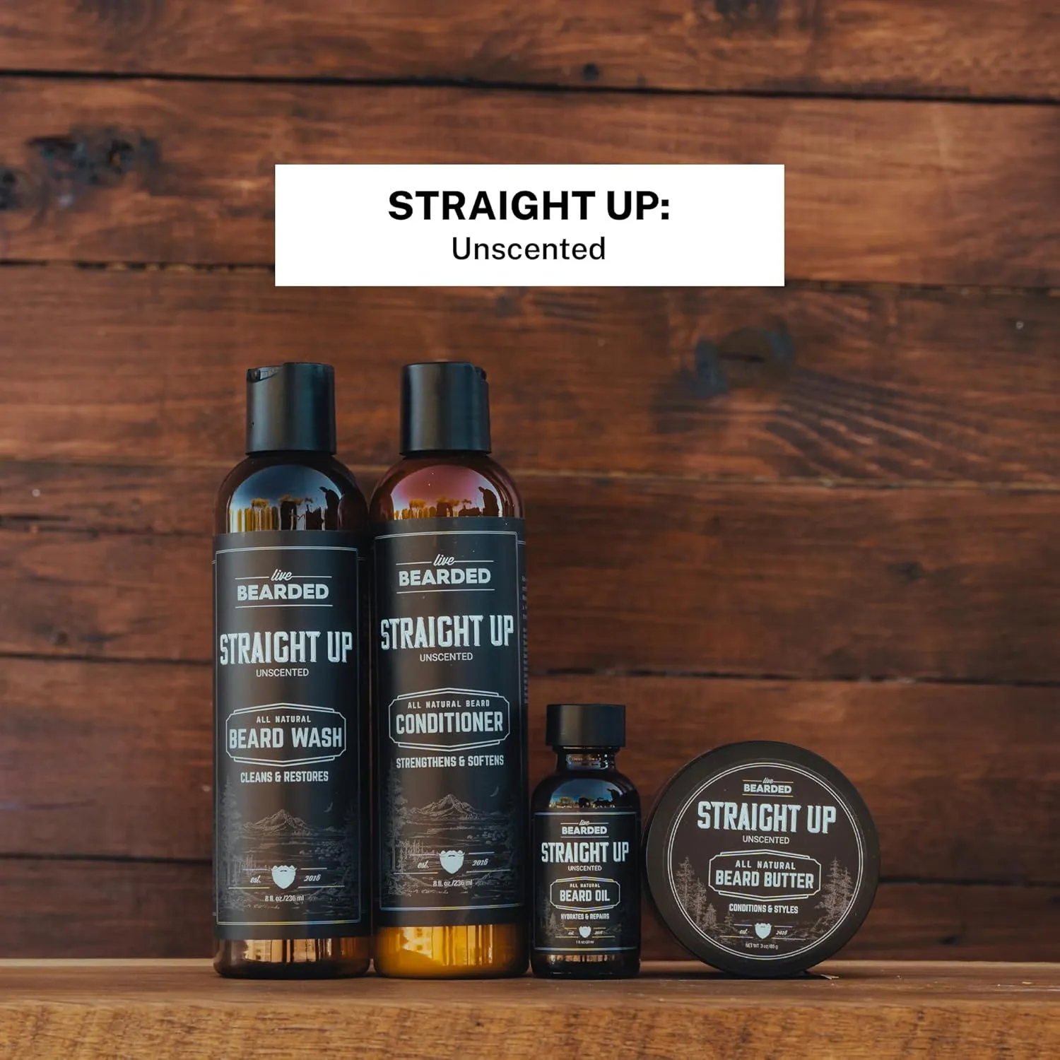 Live Bearded Complete Beard Grooming Kit - Wash, Conditioner, Butter and Oil - Made in the USA with All-Natural Ingredients - Mens Groom Set | Straight Up Unscented - Fragrance-Free
