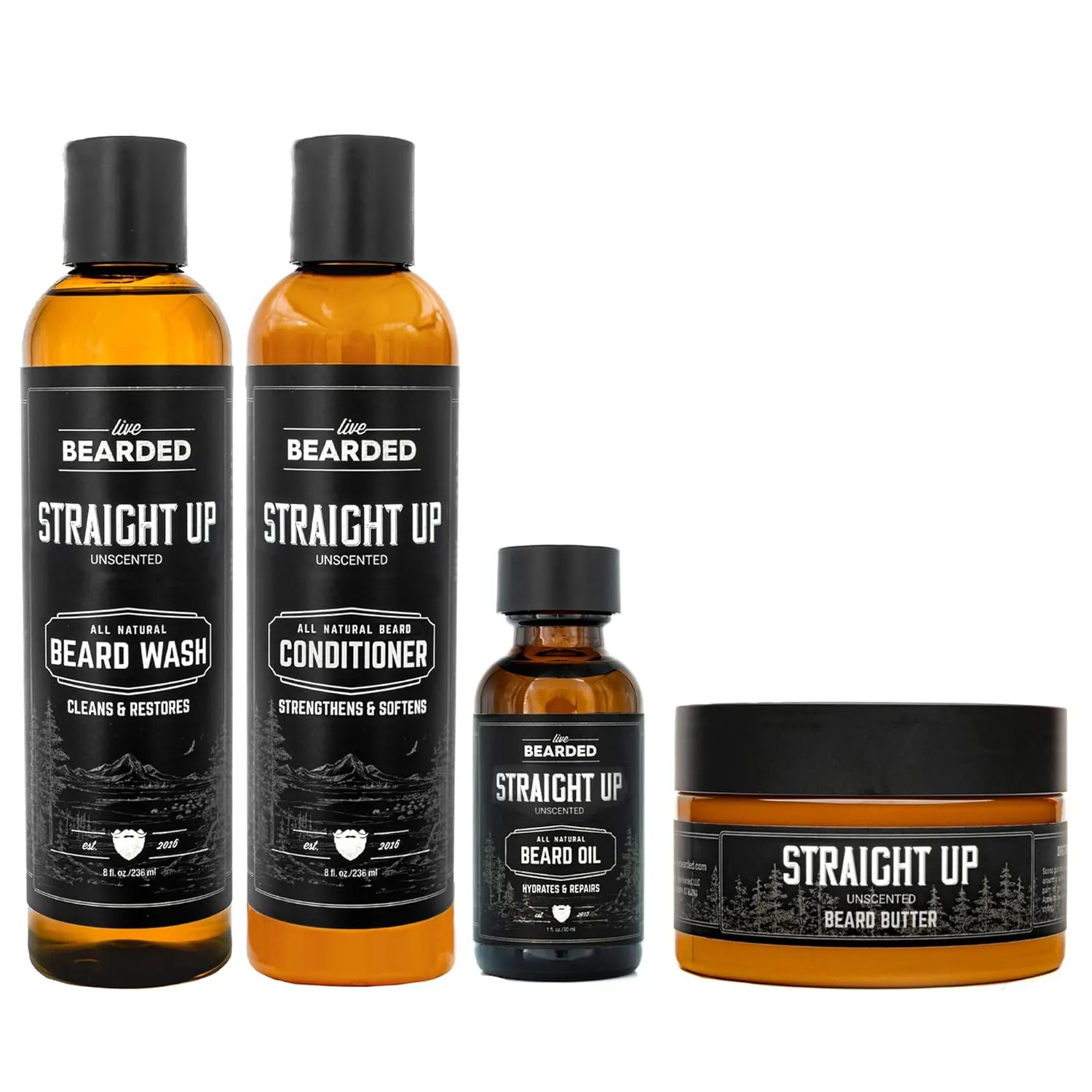 Live Bearded Complete Beard Grooming Kit - Wash, Conditioner, Butter and Oil - Made in the USA with All-Natural Ingredients - Mens Groom Set | Straight Up Unscented - Fragrance-Free
