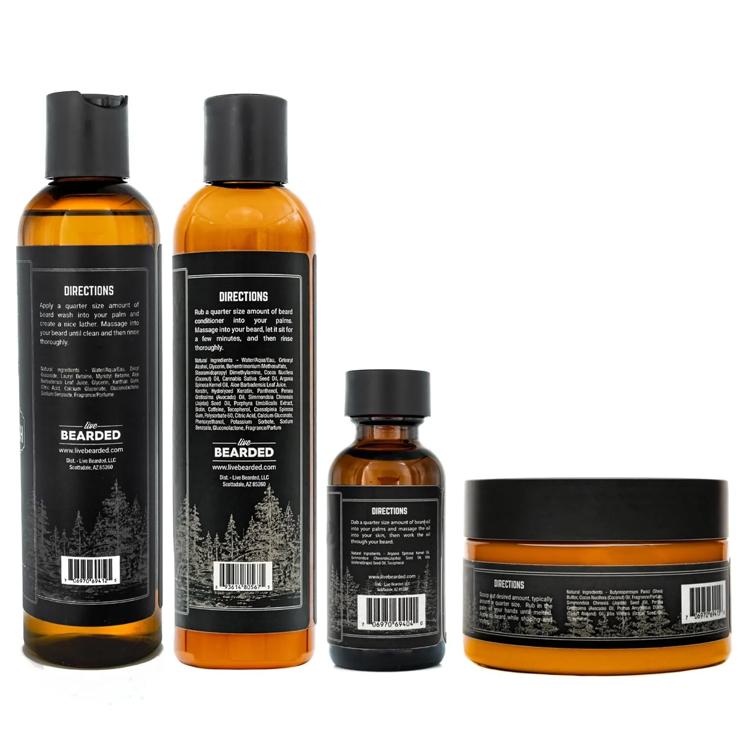 Live Bearded Complete Beard Grooming Kit - Wash, Conditioner, Butter and Oil - Made in the USA with All-Natural Ingredients - Mens Groom Set | Straight Up Unscented - Fragrance-Free