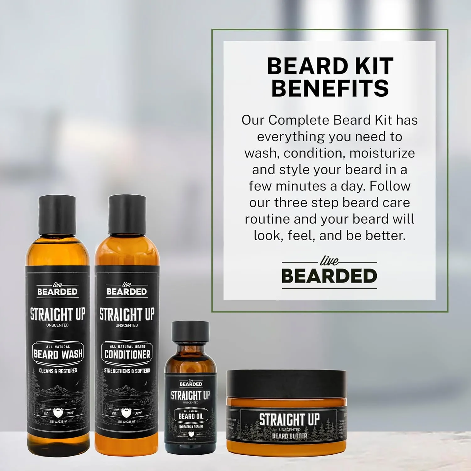 Live Bearded Complete Beard Grooming Kit - Wash, Conditioner, Butter and Oil - Made in the USA with All-Natural Ingredients - Mens Groom Set | Straight Up Unscented - Fragrance-Free